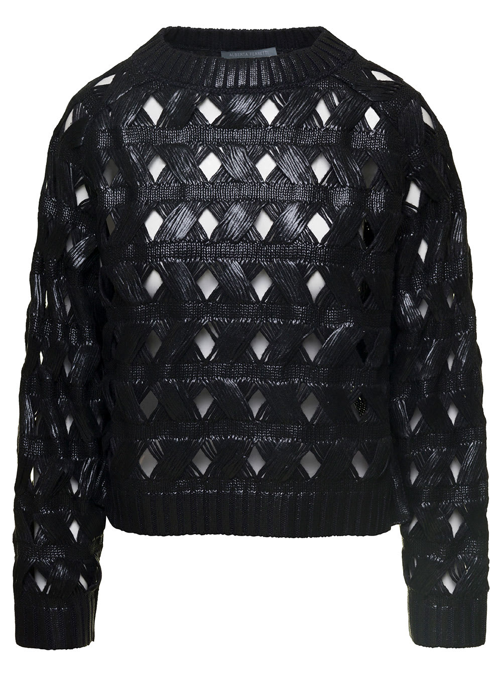 Black Crewneck Sweater With Geometric Cut-outs In Cotton Blend Woman