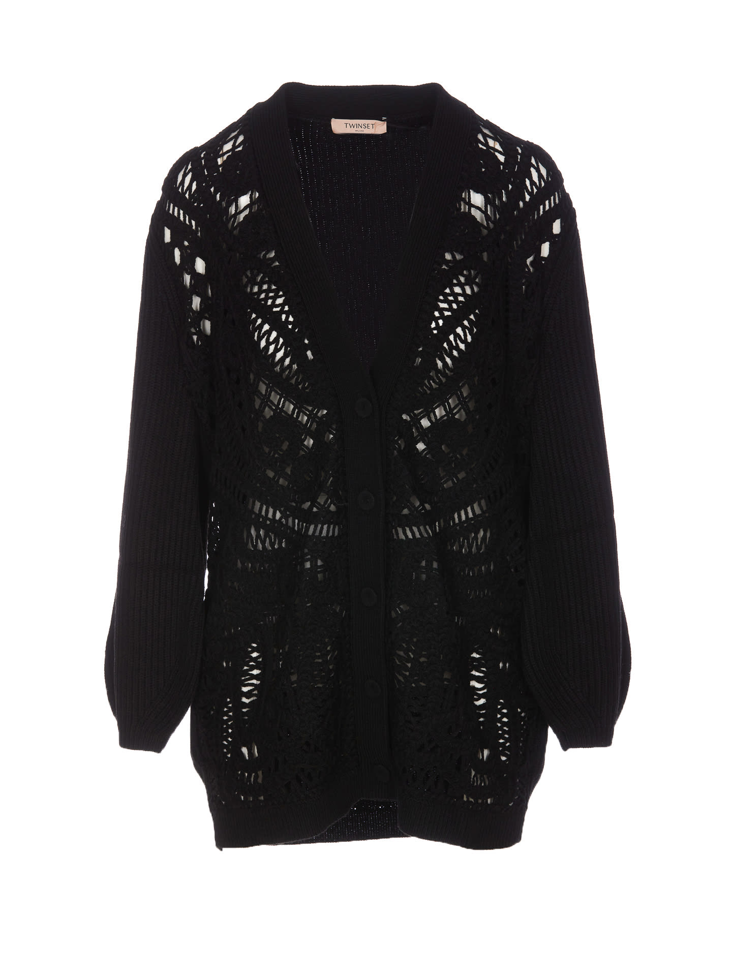 Shop Twinset Crochet Wool Cardigan In Black