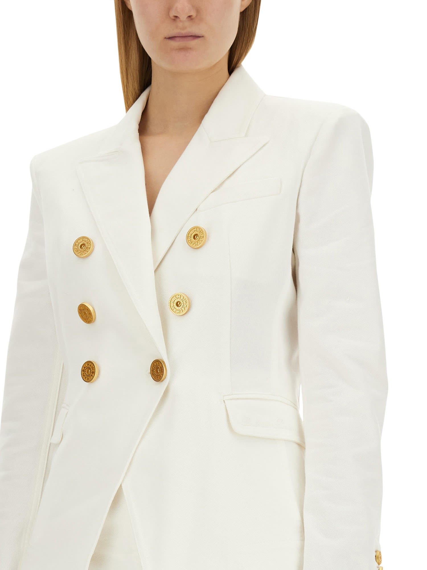 Balmain White Double-breasted Jacket With Peak Lapels And Logo Buttons In Fabric Women In White