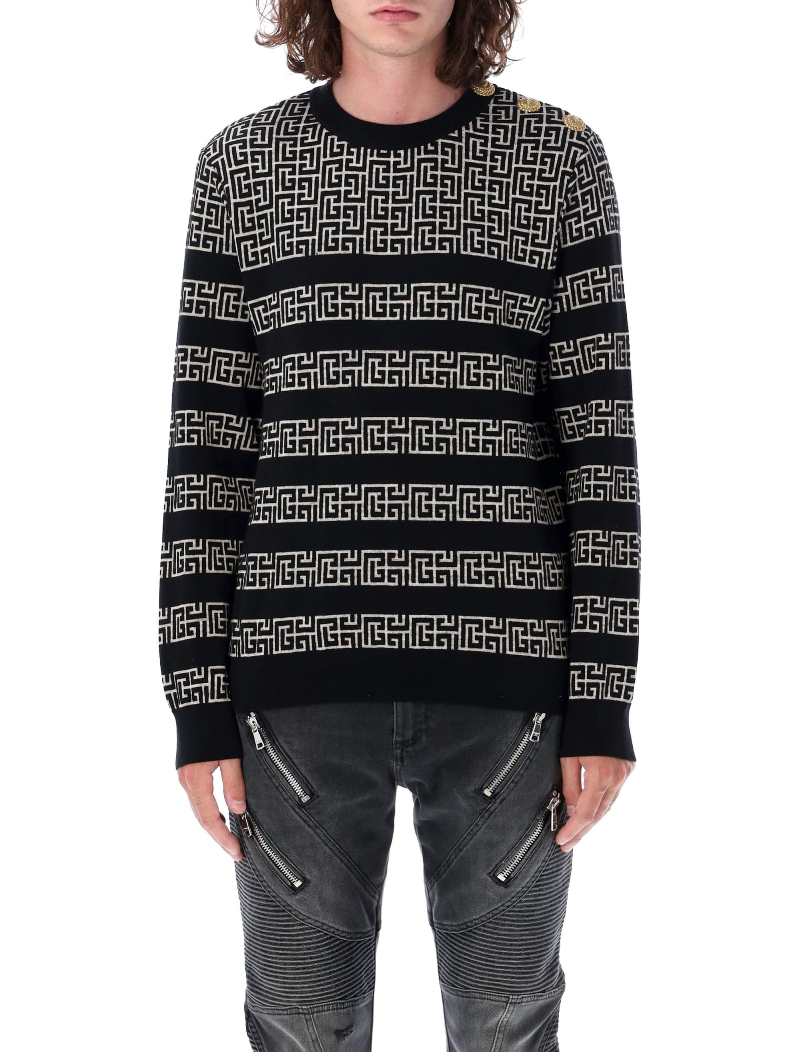 Shop Balmain Monogram Marinier Sweater In White Black