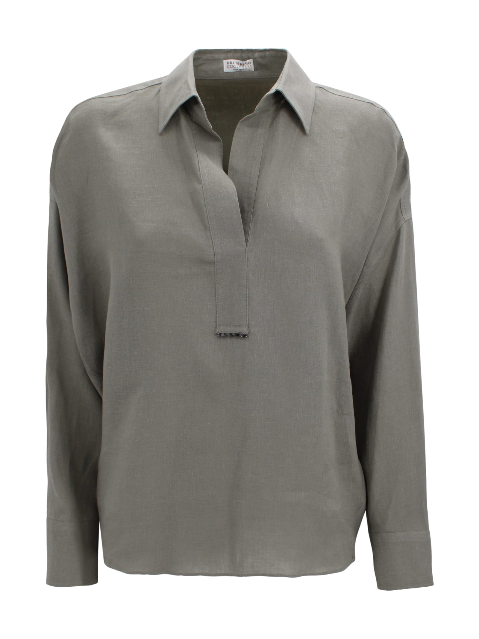 Brunello Cucinelli Linen Blouse With V-neck In Gray