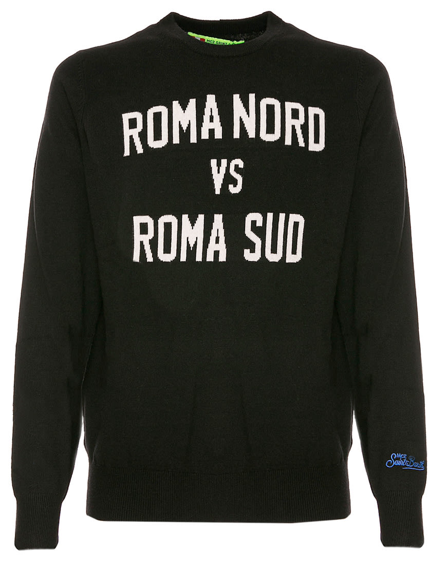 MC2 Saint Barth Black Man Sweater Roma Nord Vs Roma Sud Print