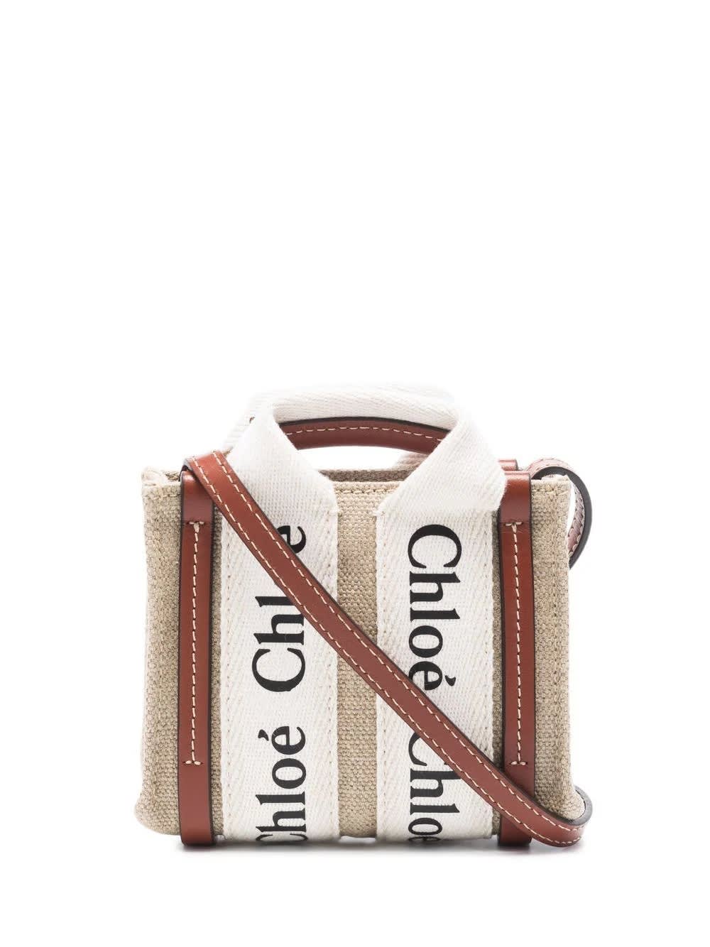 Chloé White And Brown Woody Nano Tote Bag