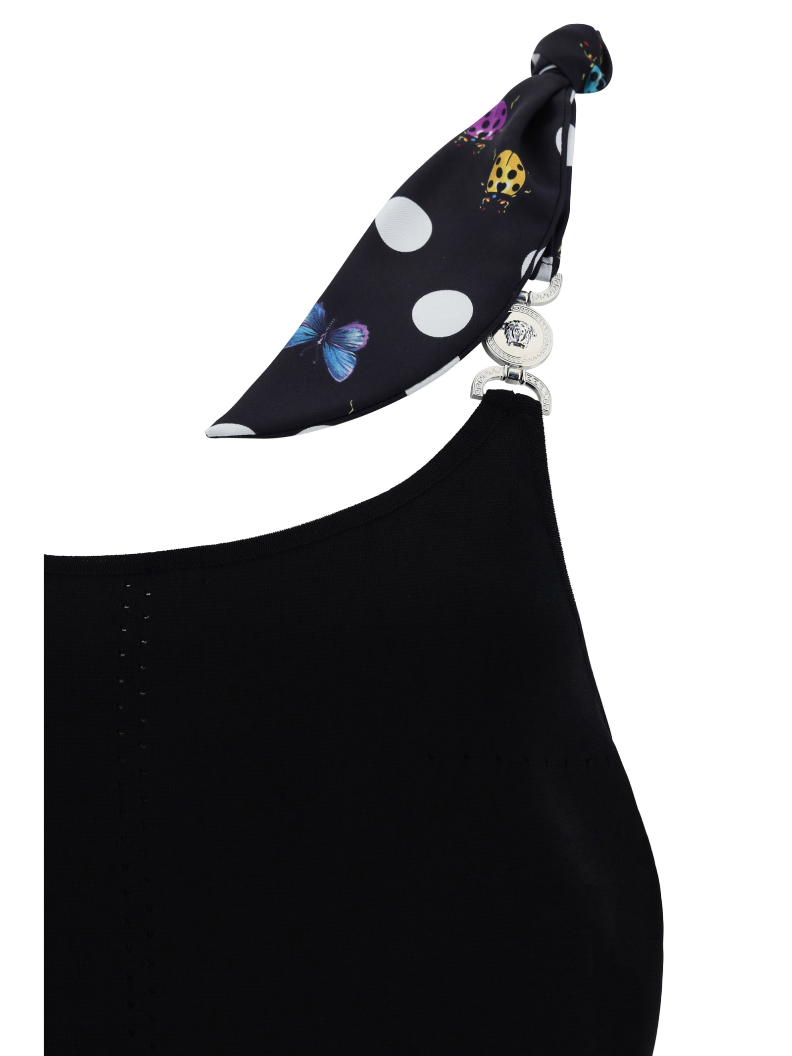 Versace Knit Midi Dress With Polka Dot Silk Twill Inserts In Black