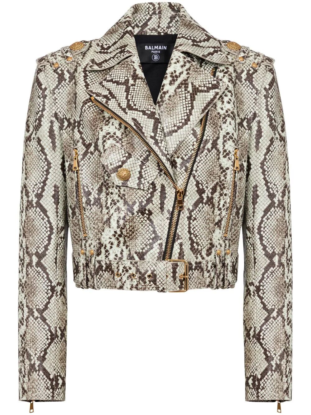 Shop Balmain Cropped Python Belted Leather Biker Jacket In Ah Gris Clair