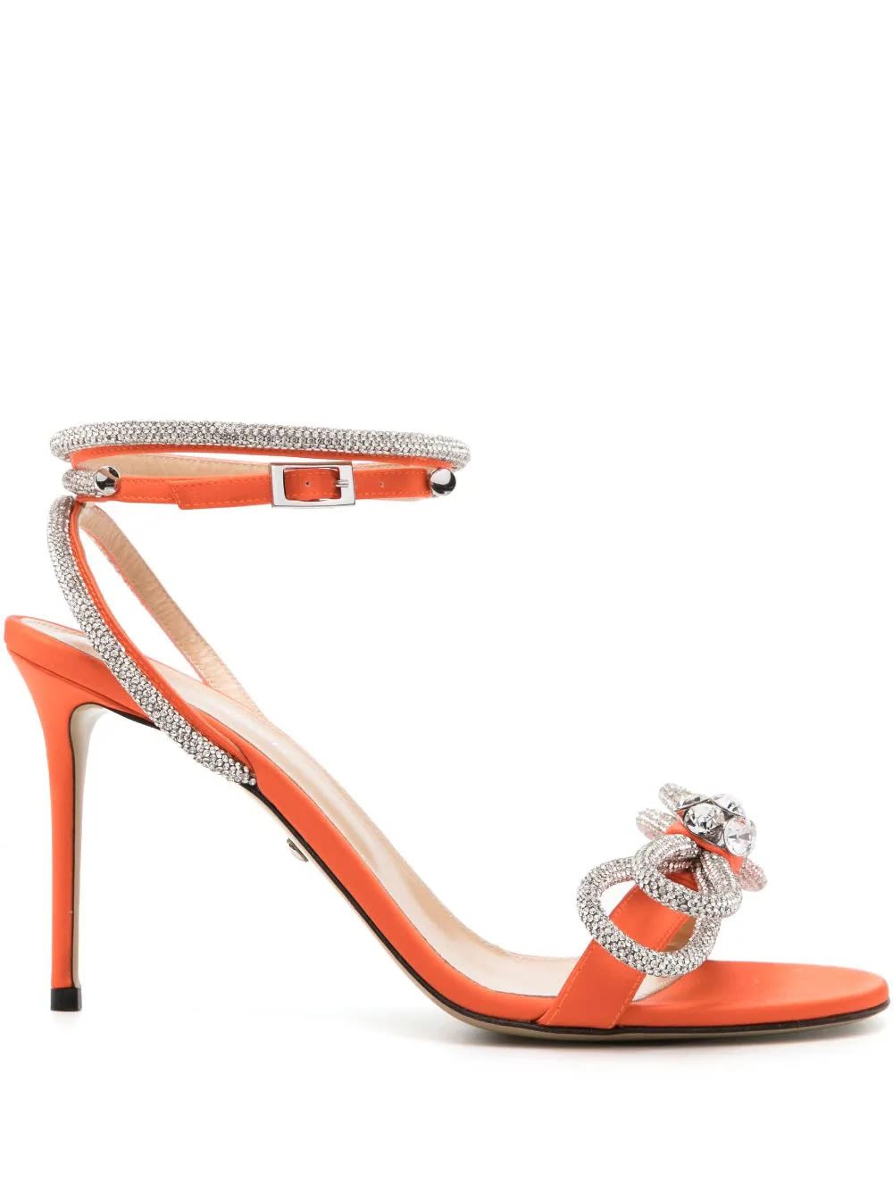 Double Bow 95 Mm Sandals In Orange Satin With Crystals