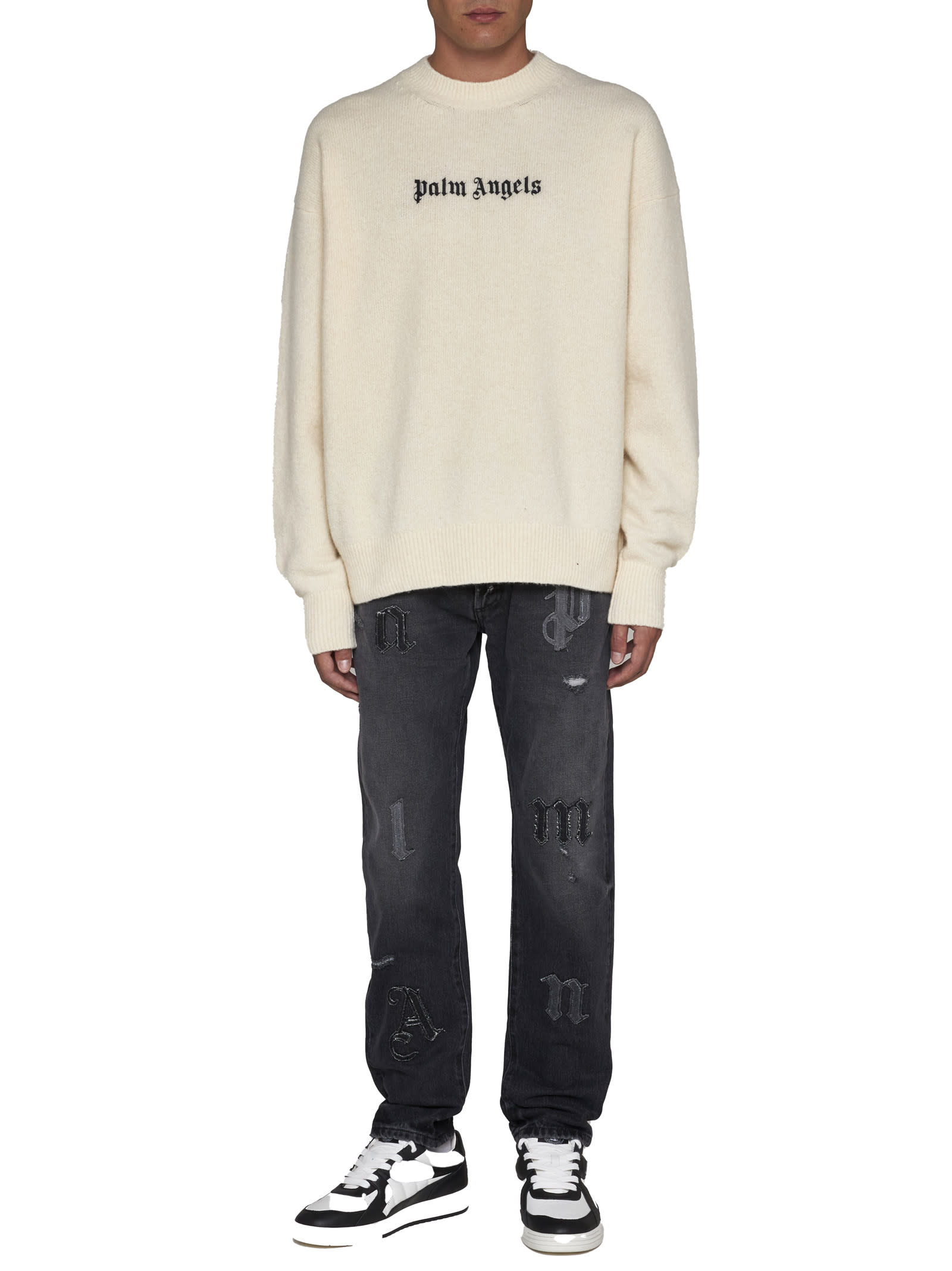Palm Angels "classic Logo" Merino Wool And Cashmere Sweater In Avorio