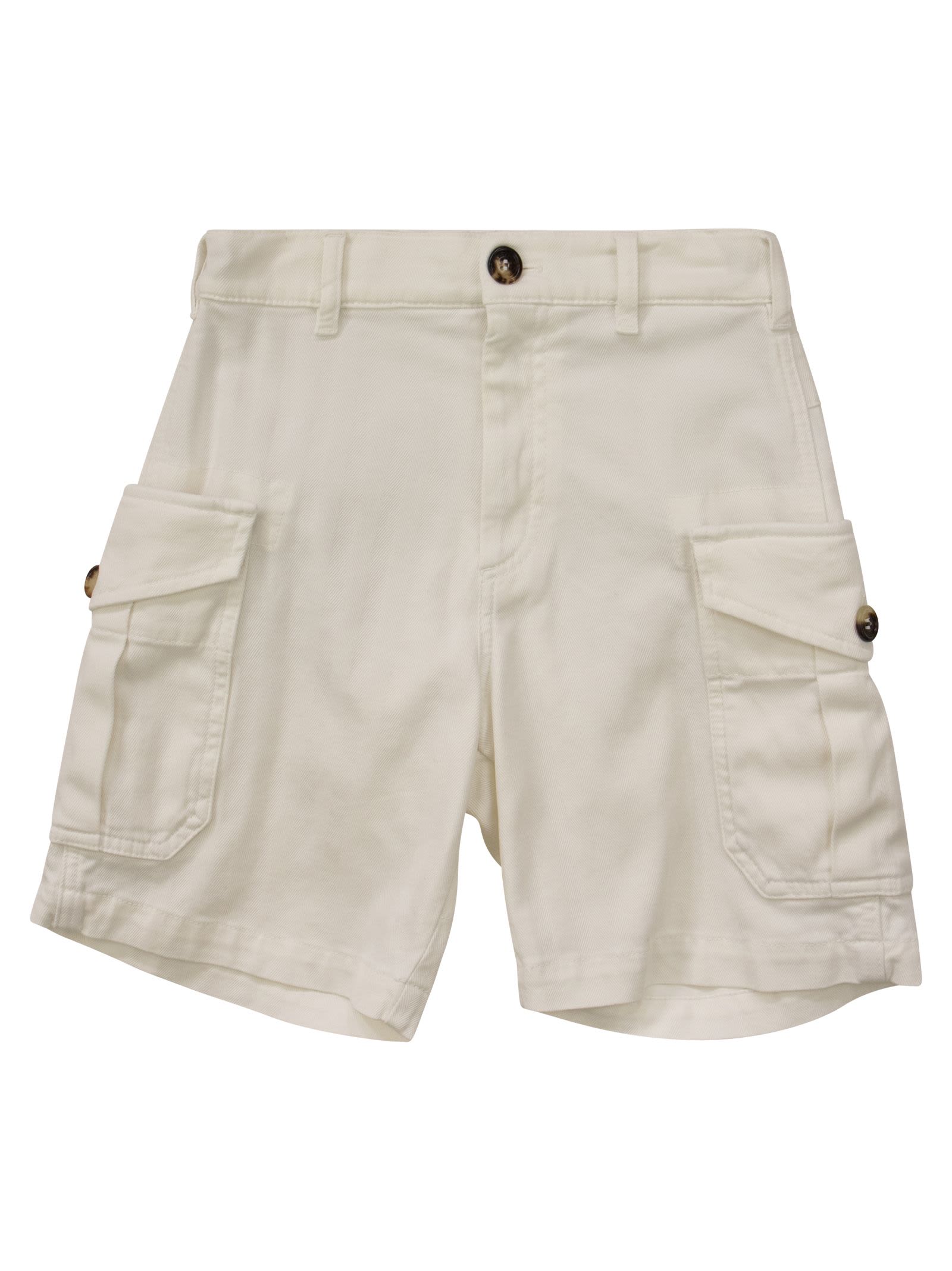 Brunello Cucinelli Bermuda Shorts In Garment Dyed Comfort Cotton Chevron With Cargo Pockets
