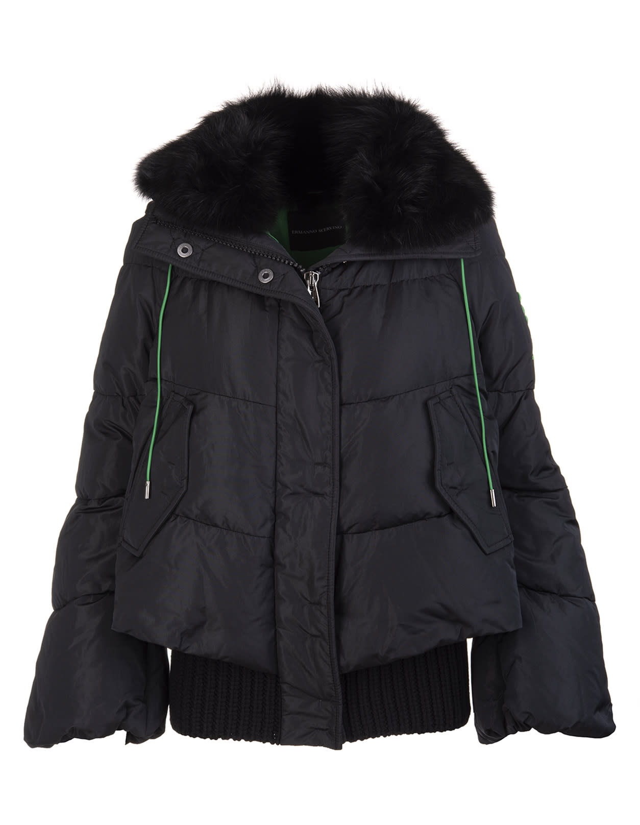 Ermanno Scervino Black And Green Short Down Jacket In Taffeta And Nylon With Fox Fur