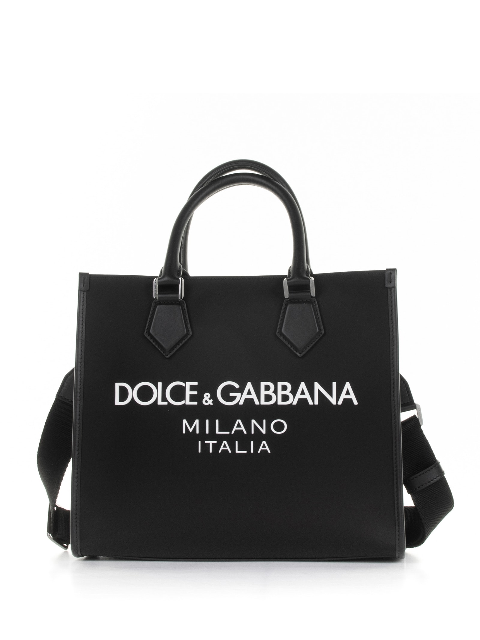 Shop Dolce & Gabbana Large Shopping Bag In Nylon And Leather With Rubberized Logo In Nero Nero