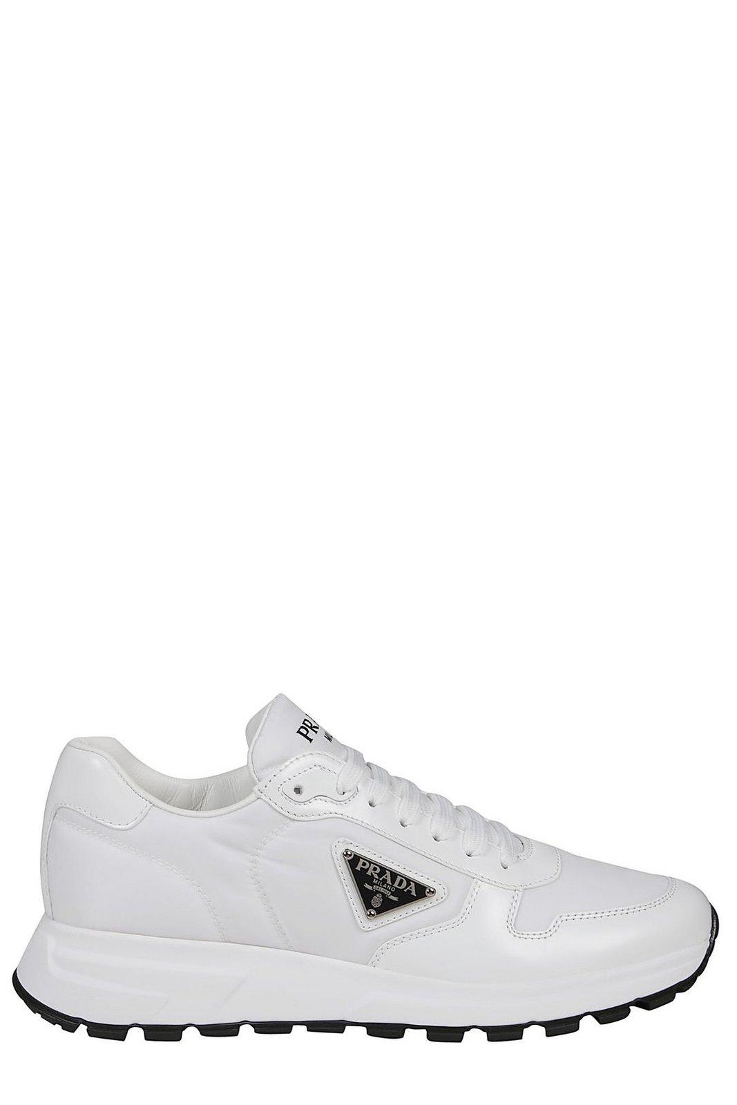 Shop Prada Triangle Logo Lace-up Sneakers In White