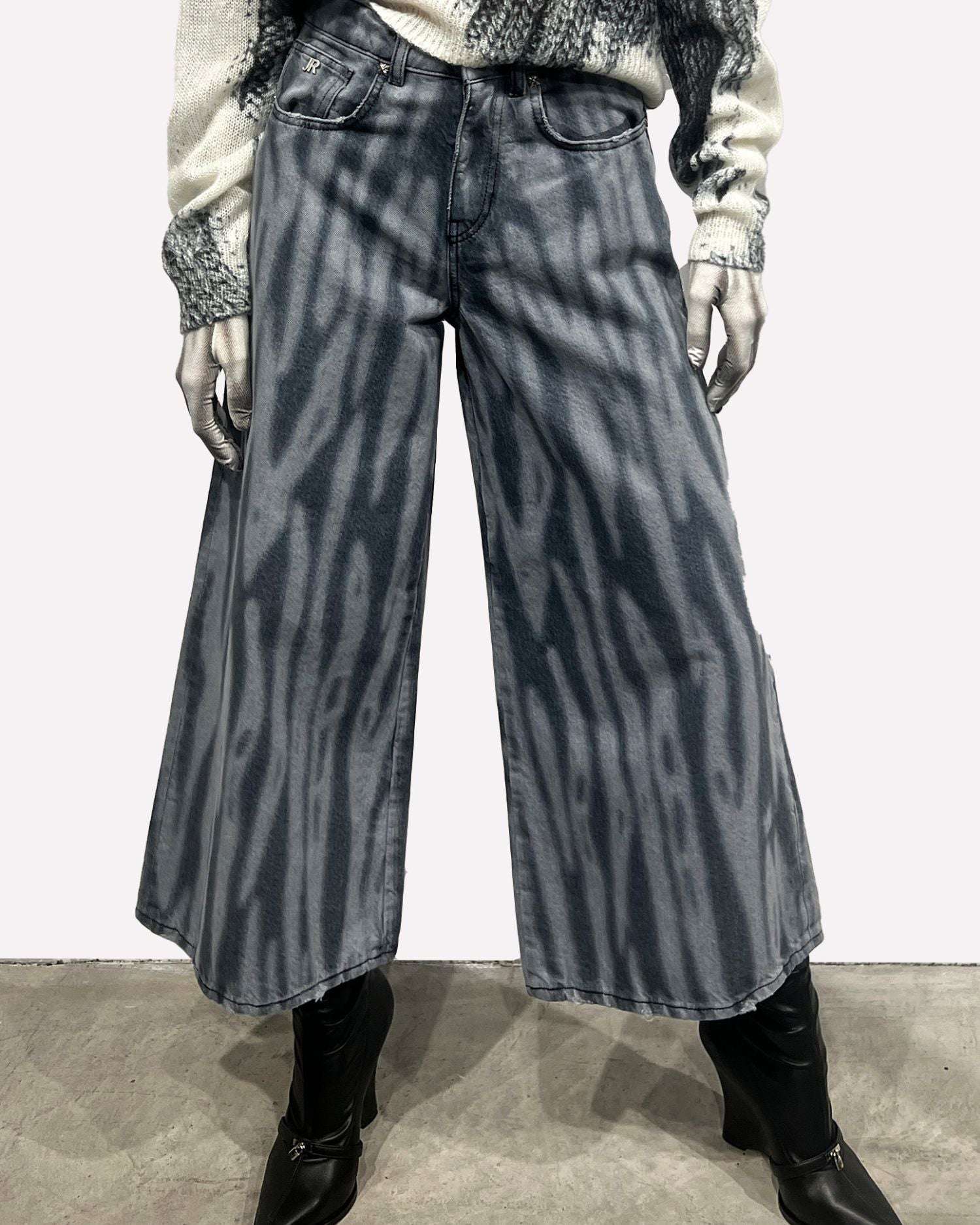 Shop John Richmond Cropped Trousers In 100% Cotton With Allover Pattern And Wide Leg. In Fantasia