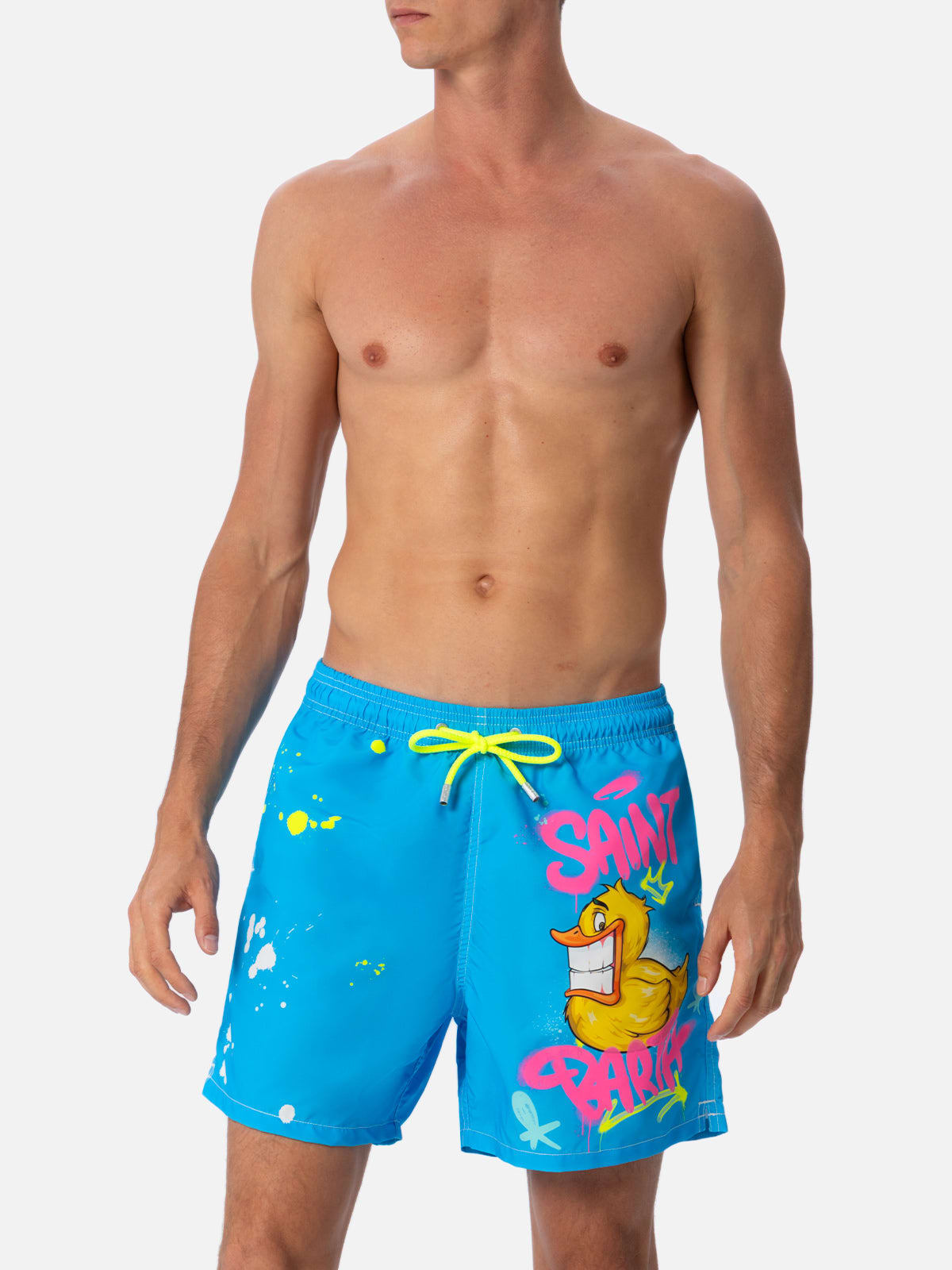 Mc2 Saint Barth Man Mid-length Gustavia Swim-shorts With Ducky Cryptopuppets Placed Print Cryptopuppets Special Edit In Sky