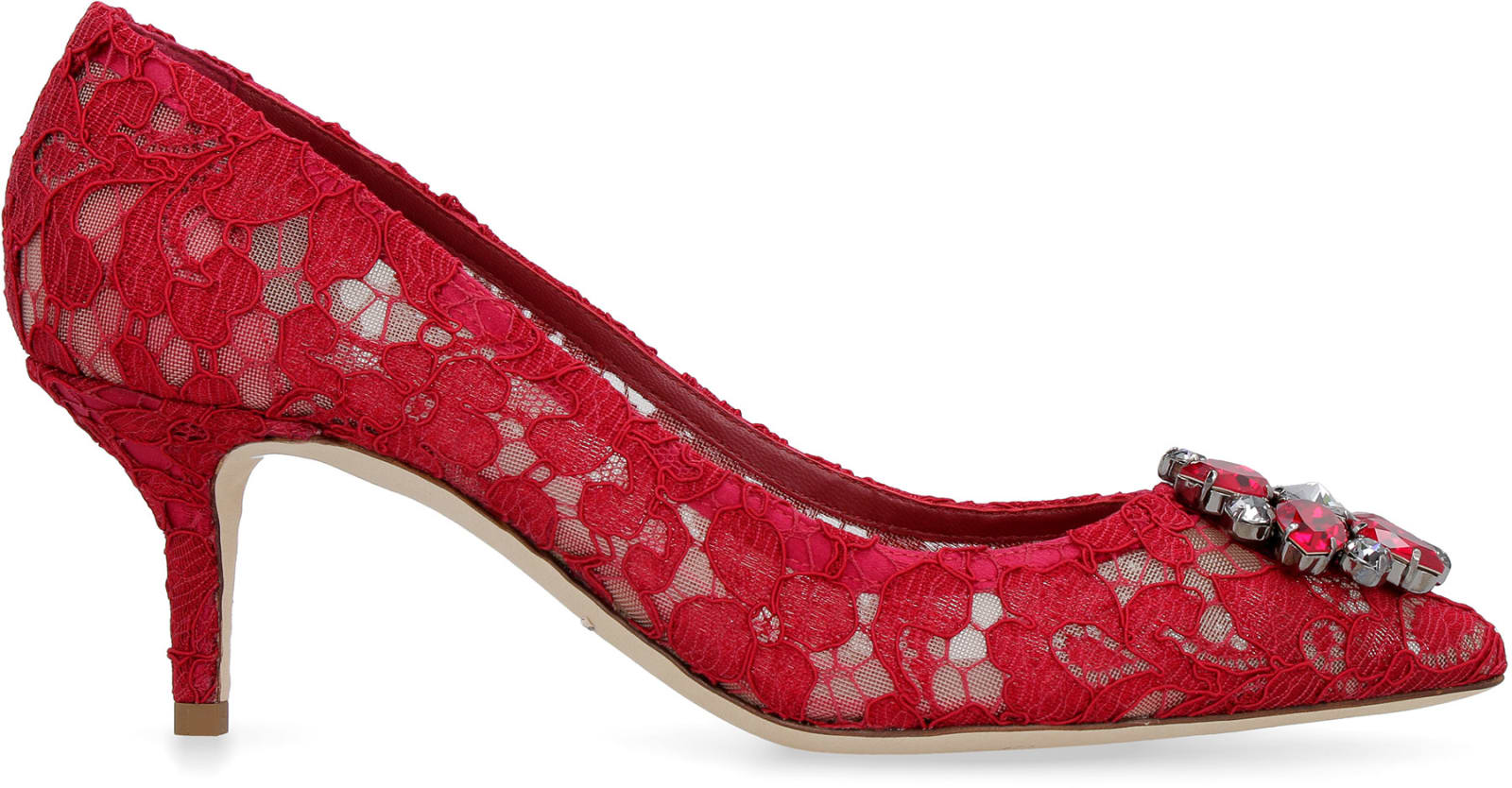 Dolce & Gabbana Bellucci 60 Brooch Embellished Lace Pumps In Red