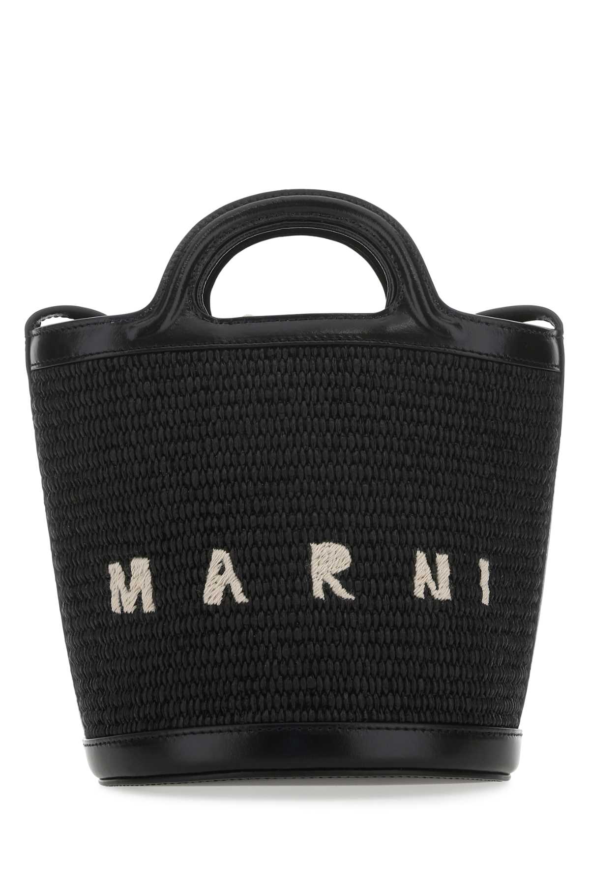 Shop Marni Black Leather And Raffia Tropicalia Bucket Bag In 00n99