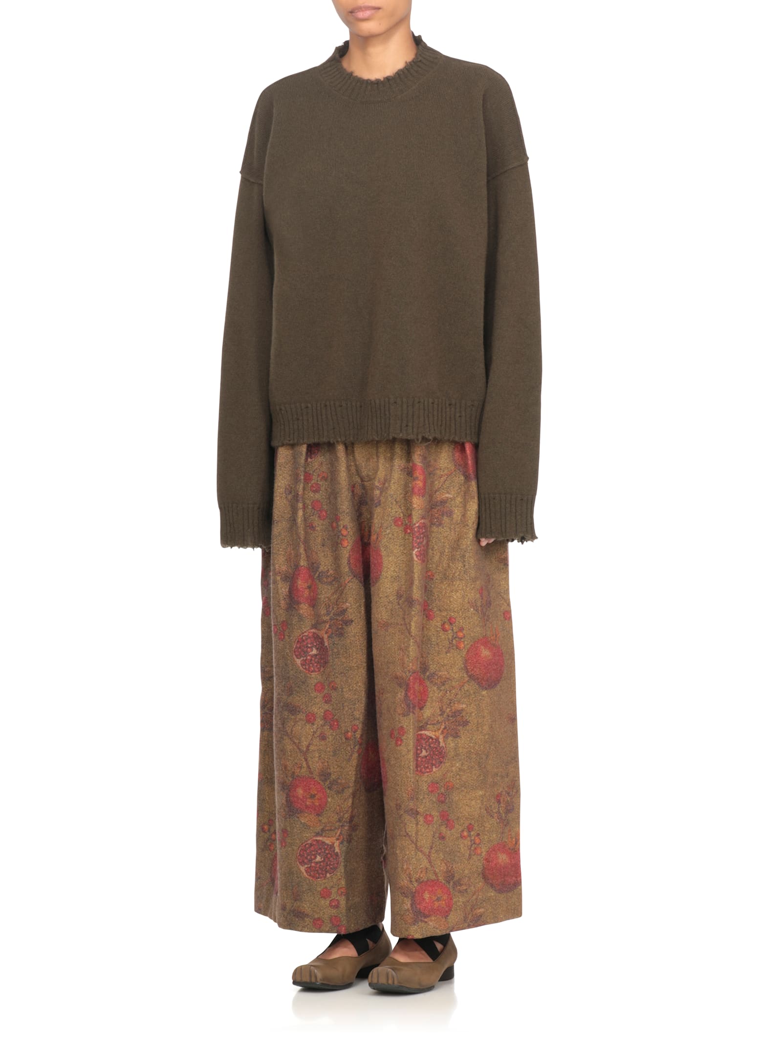 Uma Wang Round Neck Cashmere Sweater With Elastic Ribbed Trims In Green
