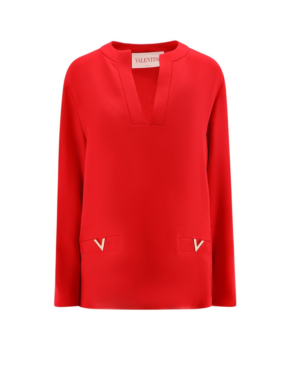 Shop Valentino Vlogo Plaque Blouse In Red