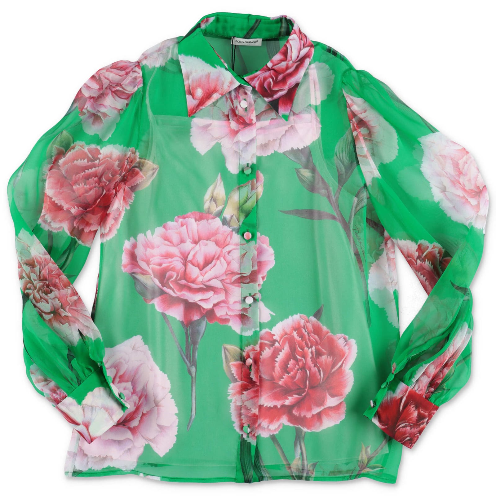 Dolce & Gabbana Blusa Verde In Pura Seta Con Stampa Floreale