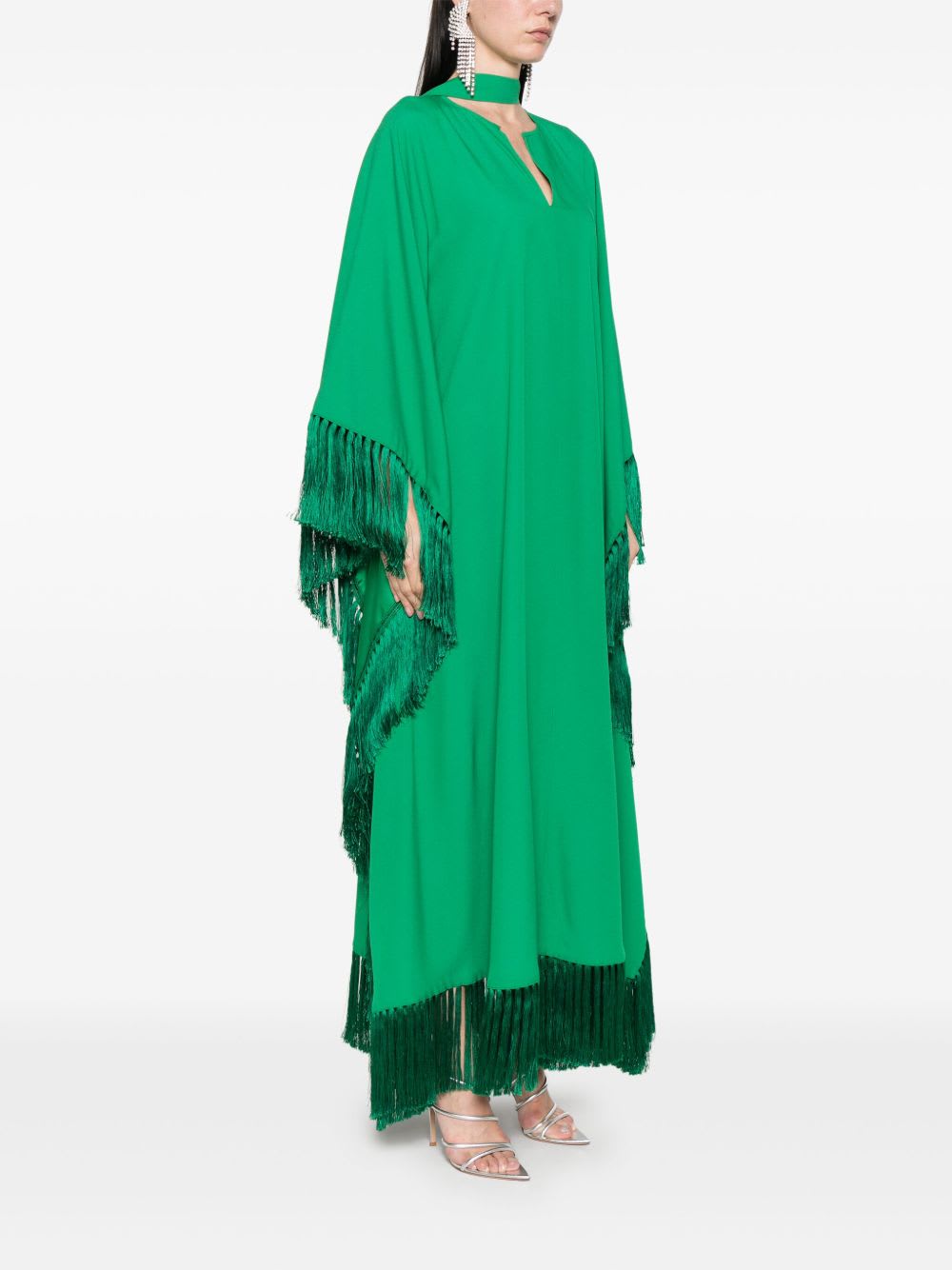Taller Marmo Long Kaftan With Fringed Edge And Attached Scarf In Green
