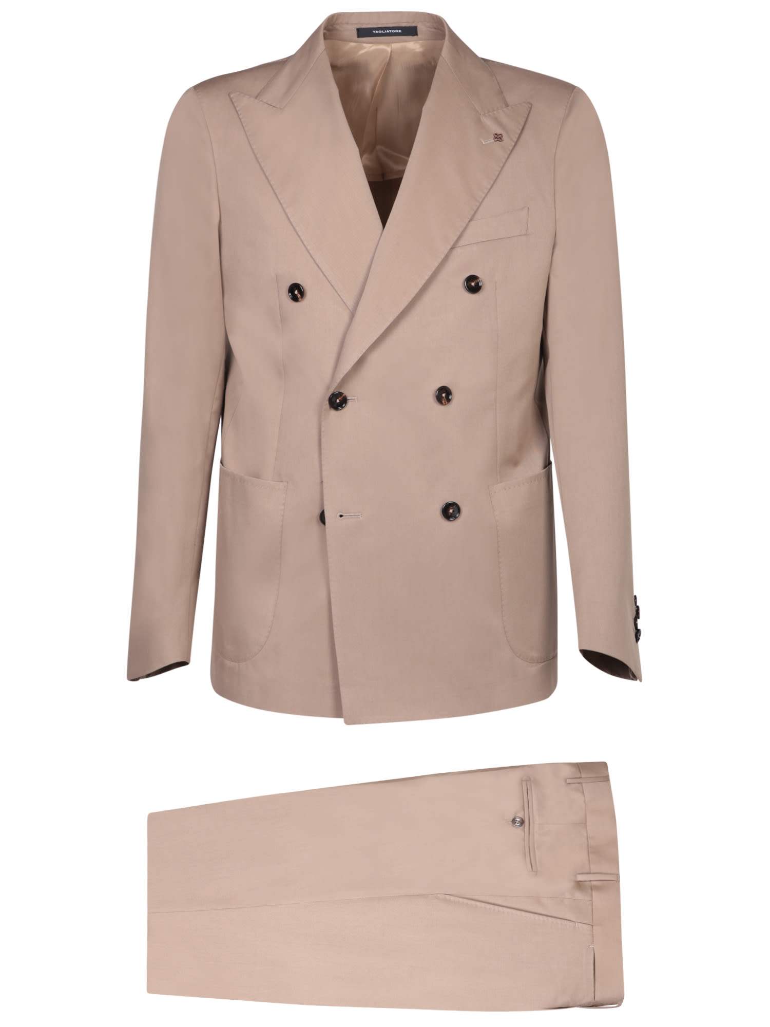 Tagliatore Double-breasted Jacket Beige Suit In Brown