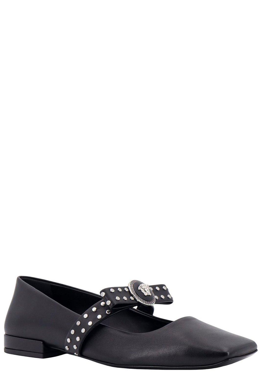 Shop Versace Gianni Ribbon Square-toe Ballet Flats In Black