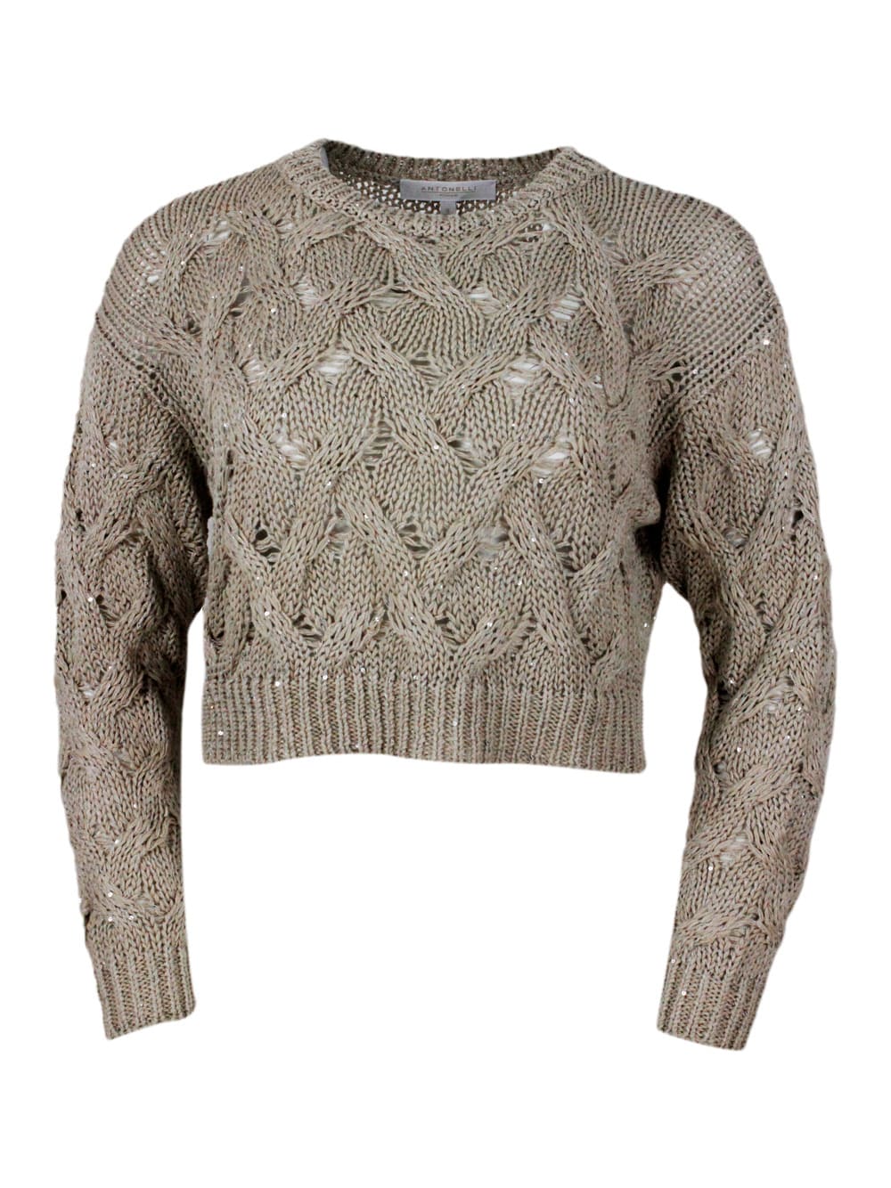 Long-sleeved Crew-neck Sweater With Braided Workmanship Embellished With Microsequins