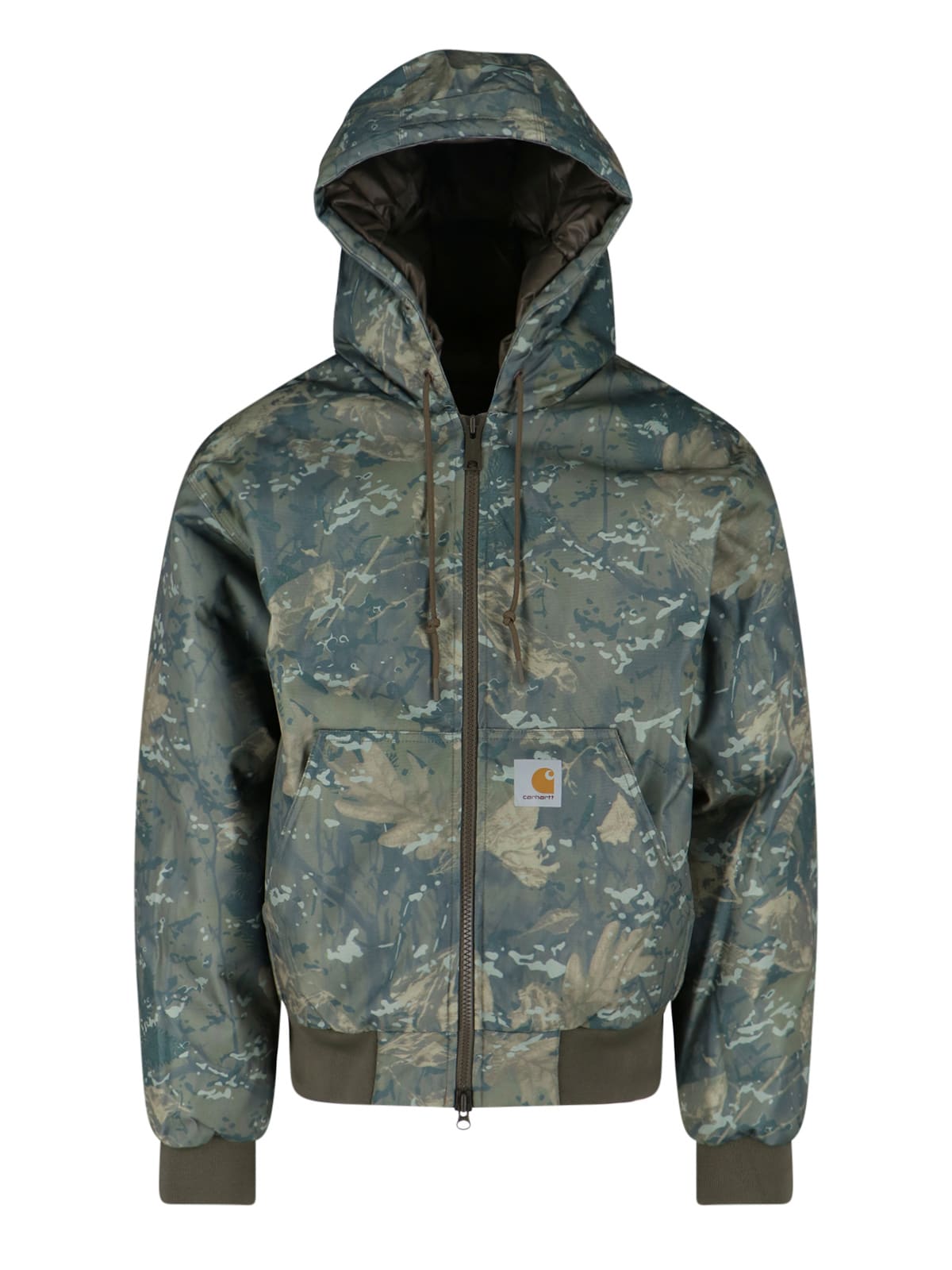 Carhartt Hooded Camouflage Jacket With Ribbed Cuffs And Hem In Green