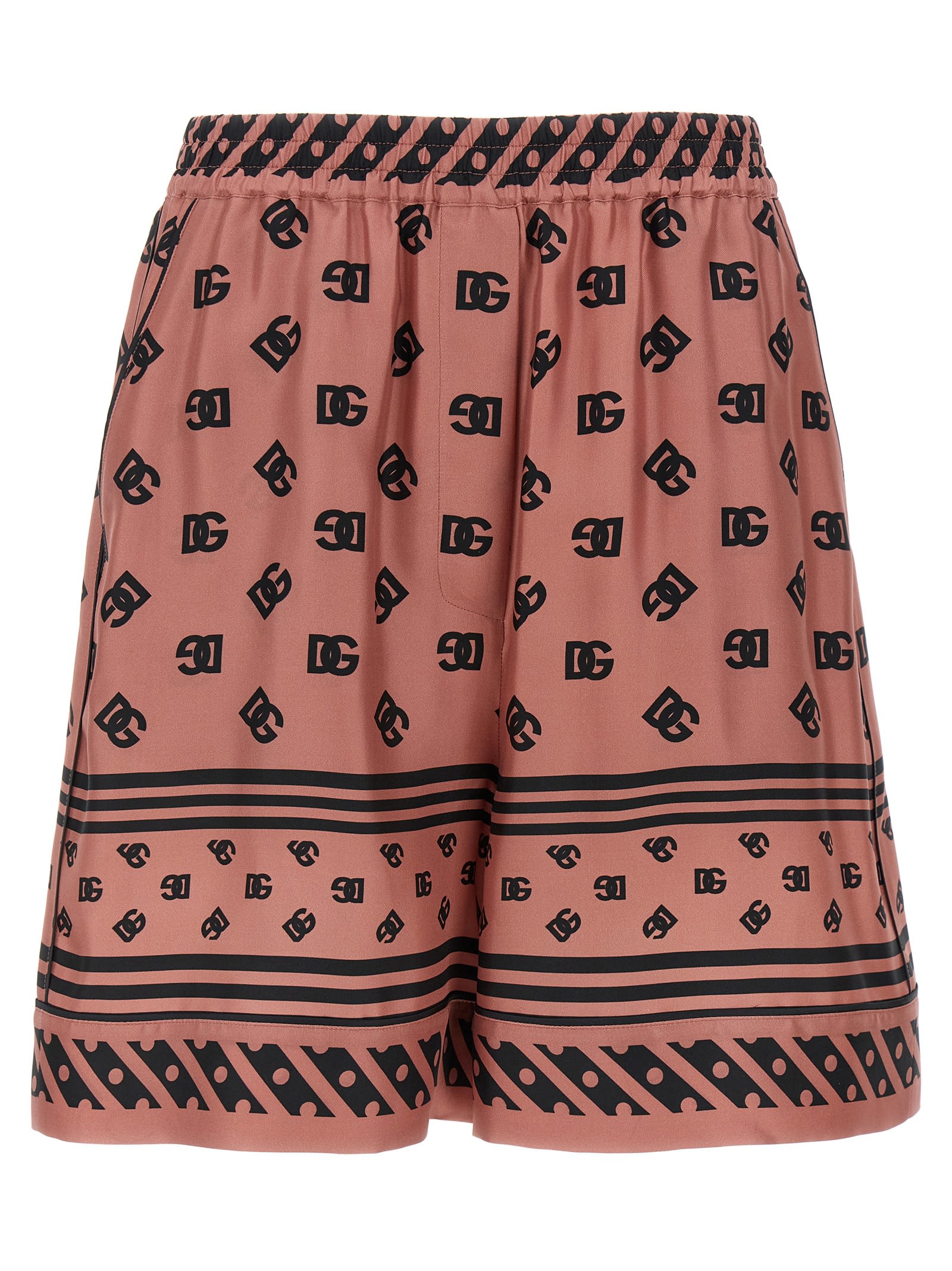 Dolce & Gabbana Pink Bermuda Shorts With Dg Logo Printed All-over In Silk Woman In Pink