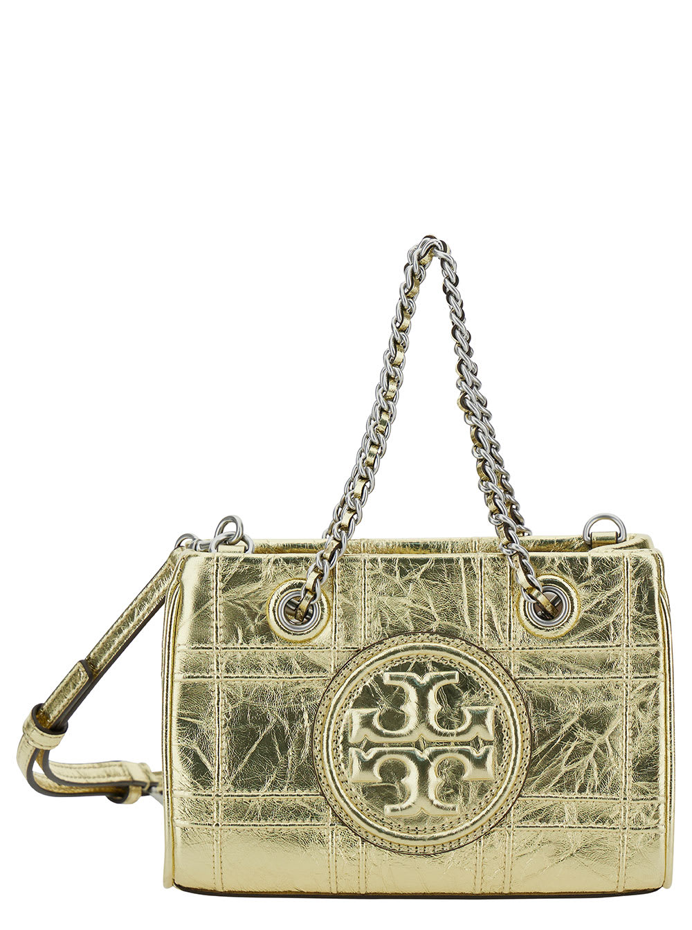 Shop Tory Burch Fleming Soft Mini Gold-colored Shoulder Bag With Embossed Logo In Metallic Leather Woman