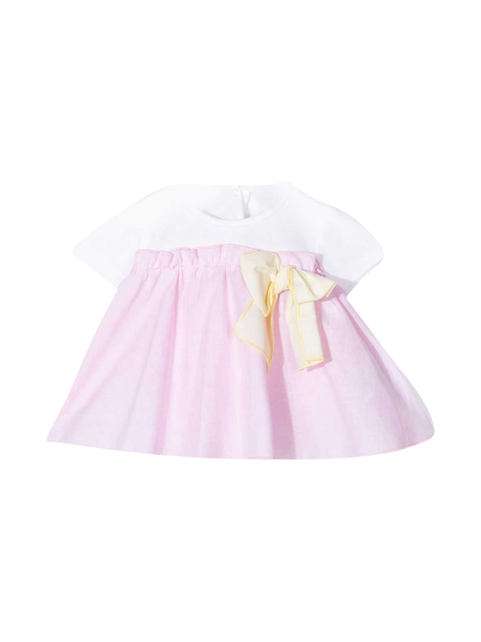 Lebebé Baby T-shirt With Ruffles In Bianco/rosa