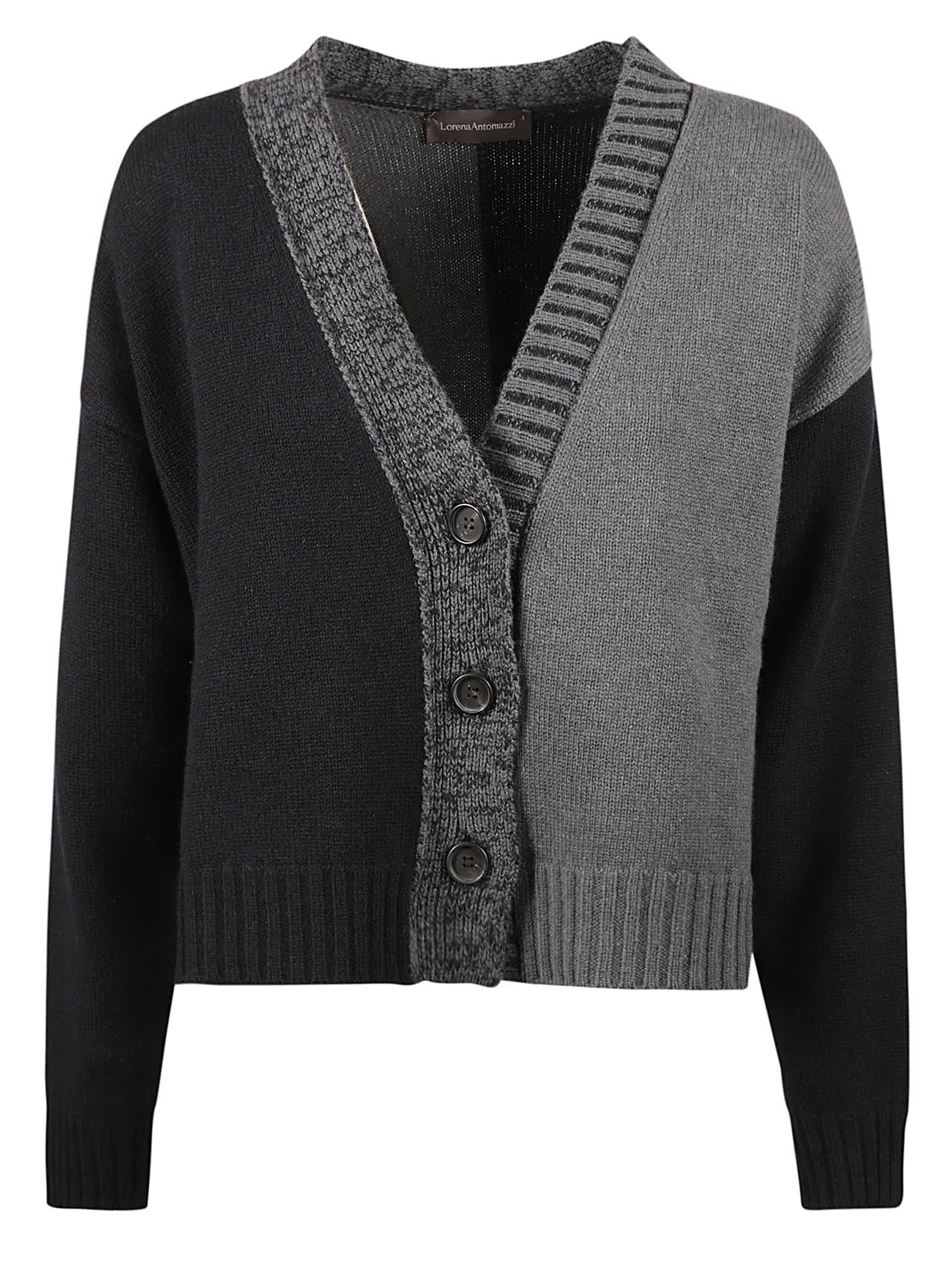 Shop Lorena Antoniazzi Colourblock Rib Trim Buttoned Cardigan In Grey/blue