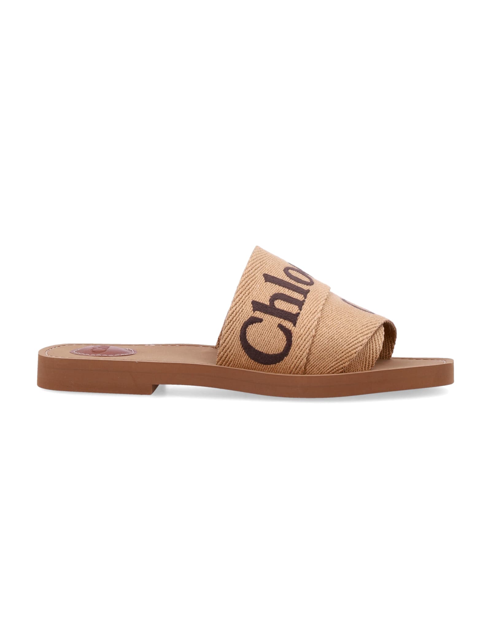 Shop Chloé Woody Canvas Slide Sandals In Dark Tan