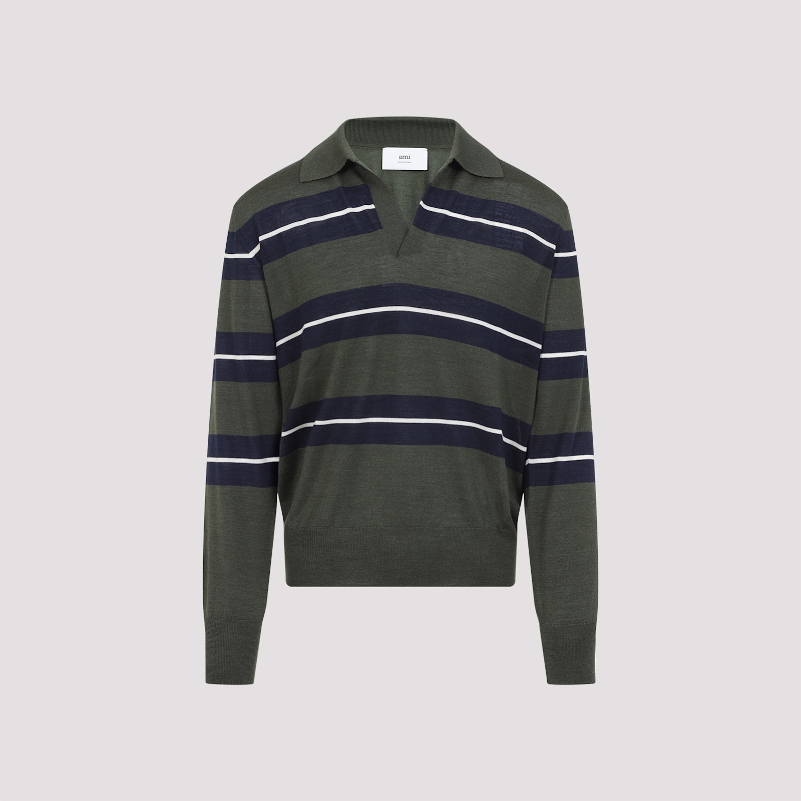 Ami Alexandre Mattiussi Ami Paris Green Polo With All-over Striped Motif And Polo-style Collar In Wool And Silk Blend Man In Loden Navy White Cream