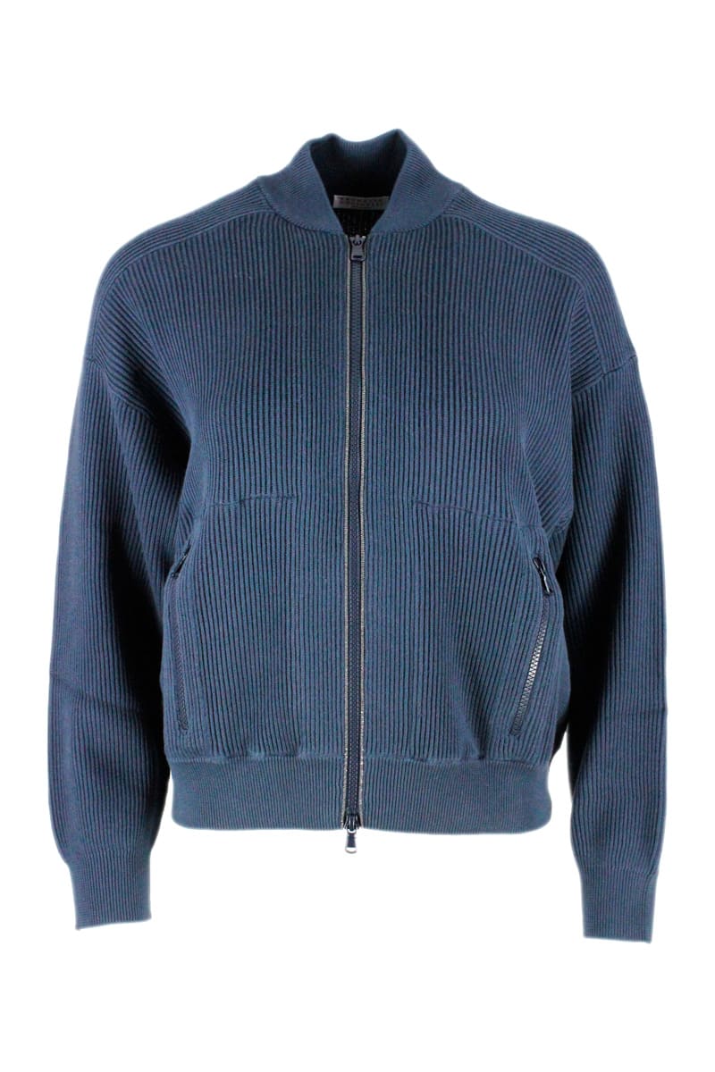 Brunello Cucinelli Cardigan Sweater With Zip And Pockets With Monili Along The Half English Rib Zip