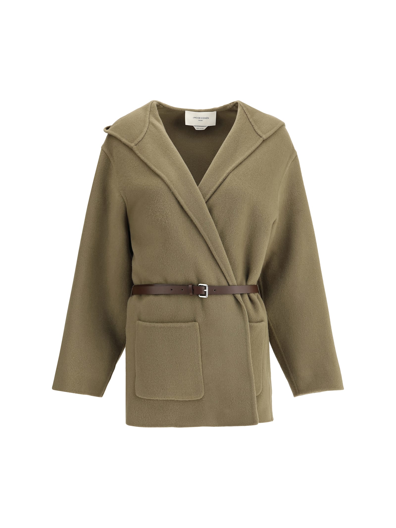 Jacob Cohen Hooded Wool Double-cloth Belted Pea Coat In Green