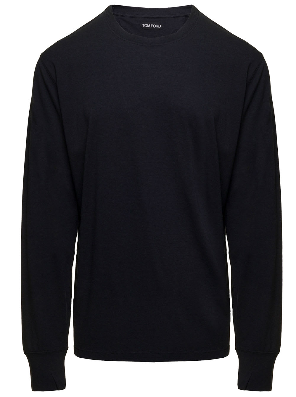 Shop Tom Ford Black Long Sleeve Top With Logo Embroidery In Cotton Blend Man