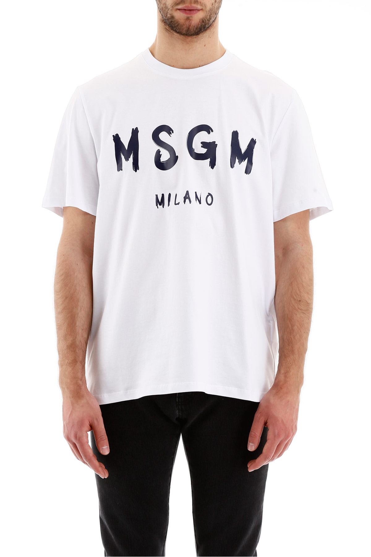 Shop Msgm Paint Brushed Logo T-shirt In Bianco