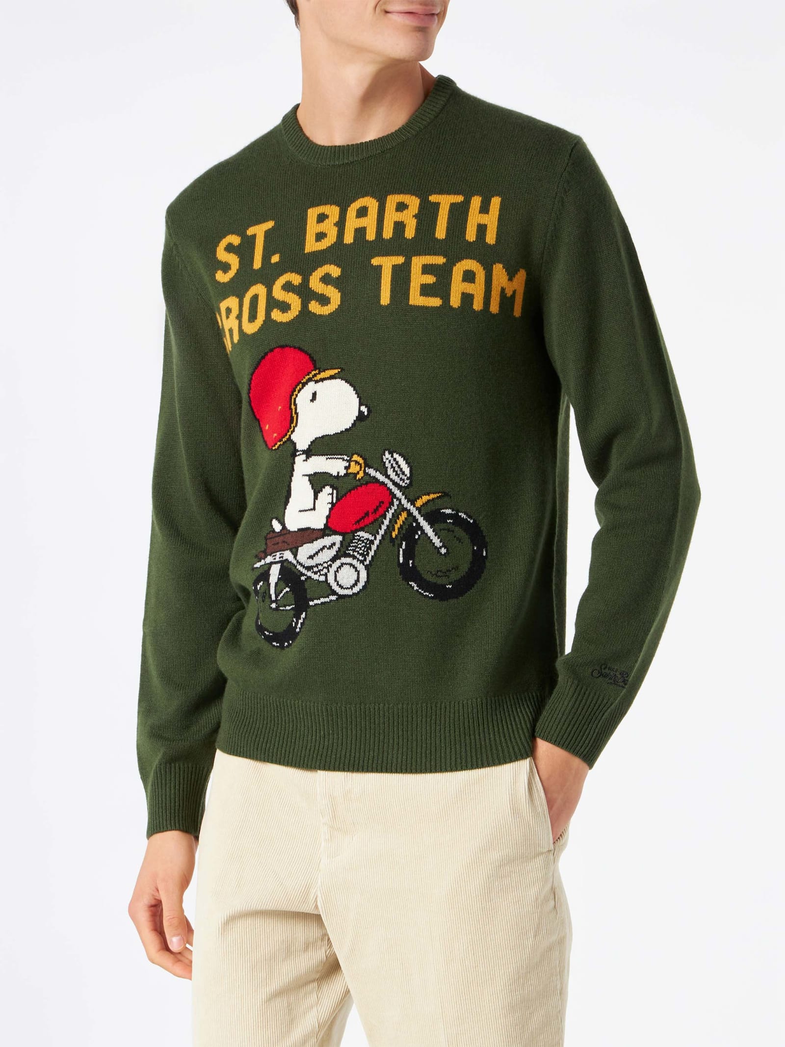 MC2 Saint Barth Man Military Green Sweater With Snoopy Print Peanuts Special Edition