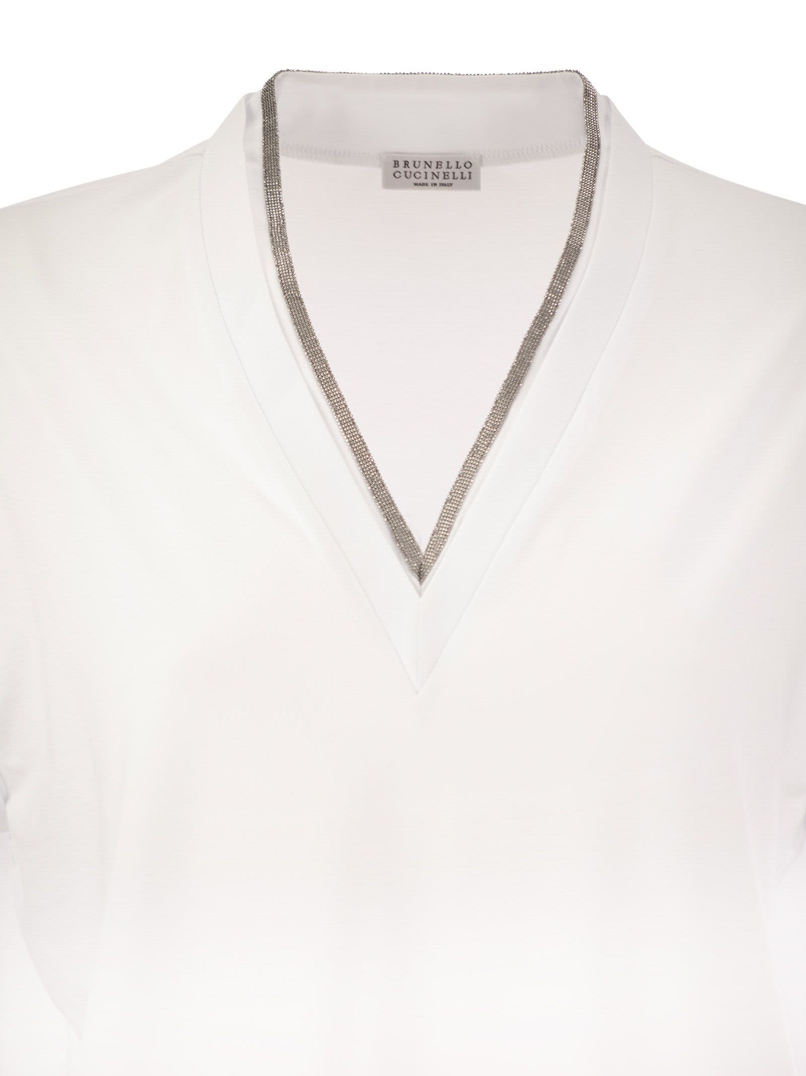 Shop Brunello Cucinelli Stretch Cotton Jersey T-shirt With Precious Neckline In White