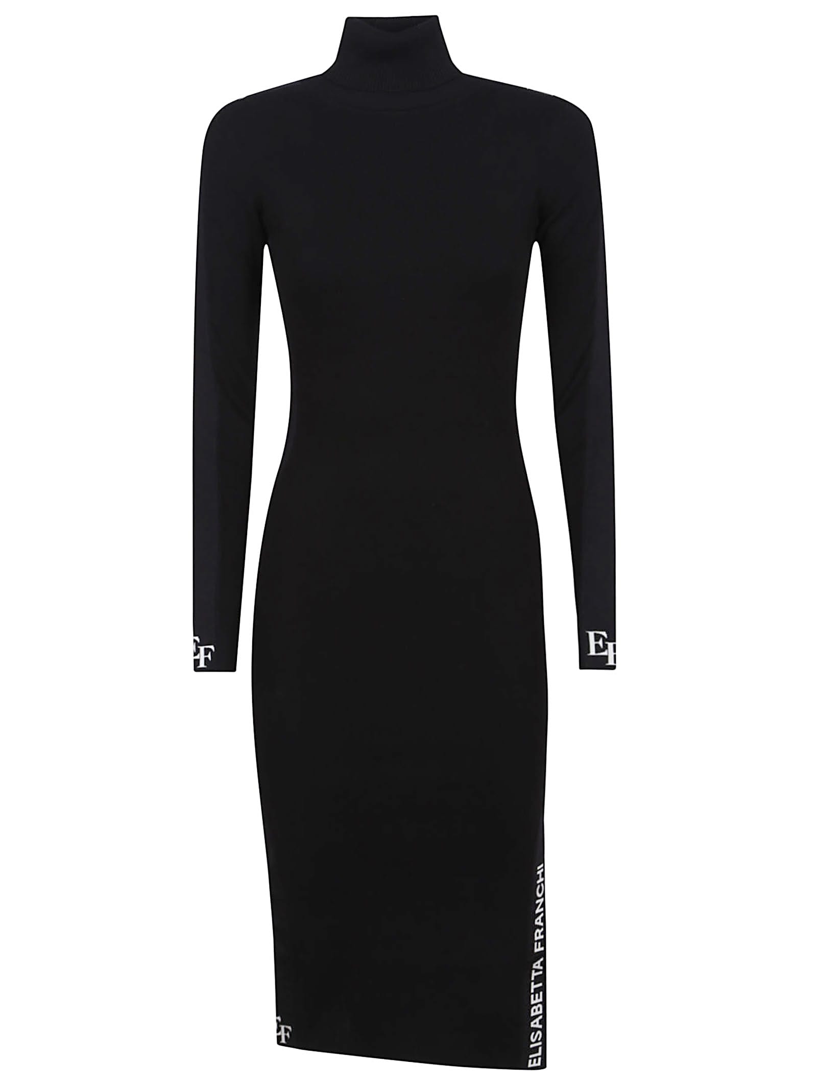 Elisabetta Franchi Sheath Knit Dress With High Neck And Logo Band In Black