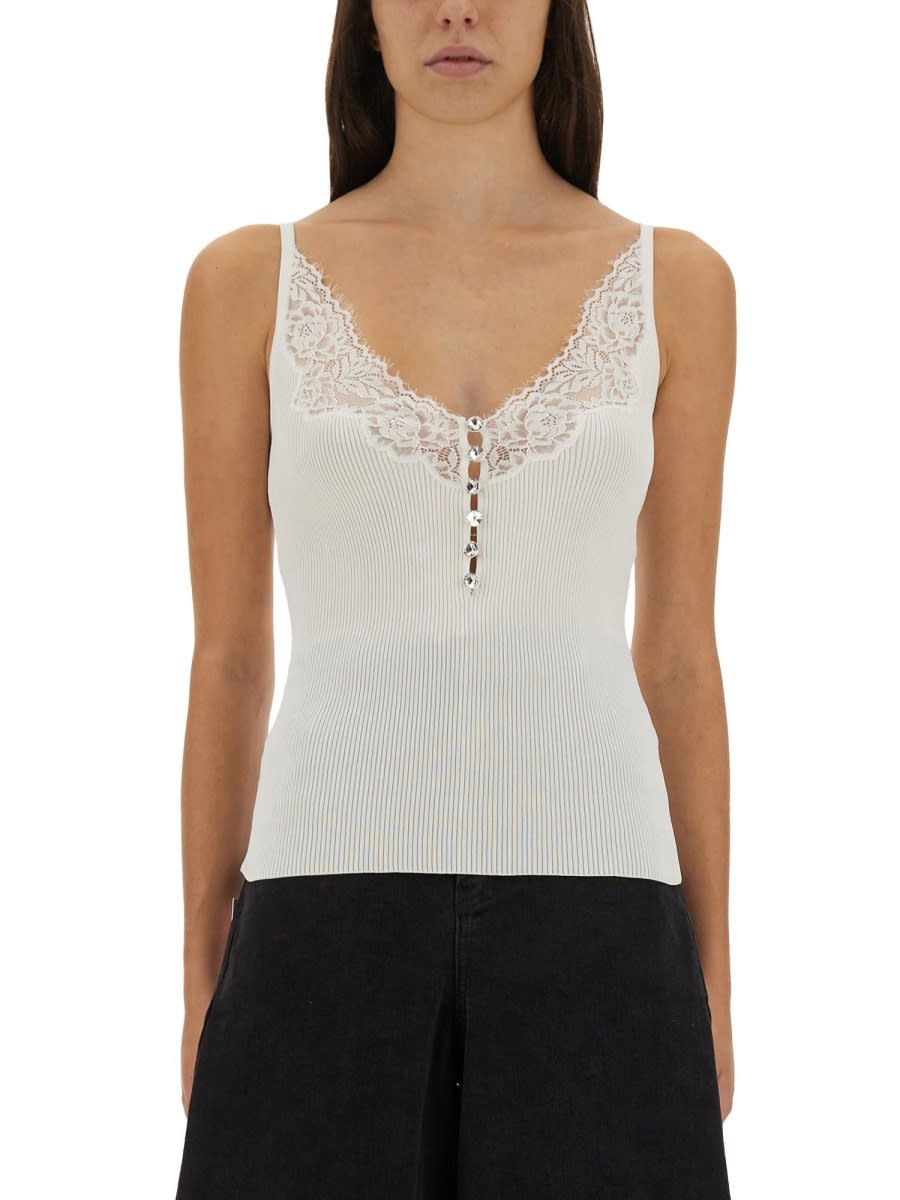 Self-portrait Lace Trim Rib Knit Viscose Blend Top In White
