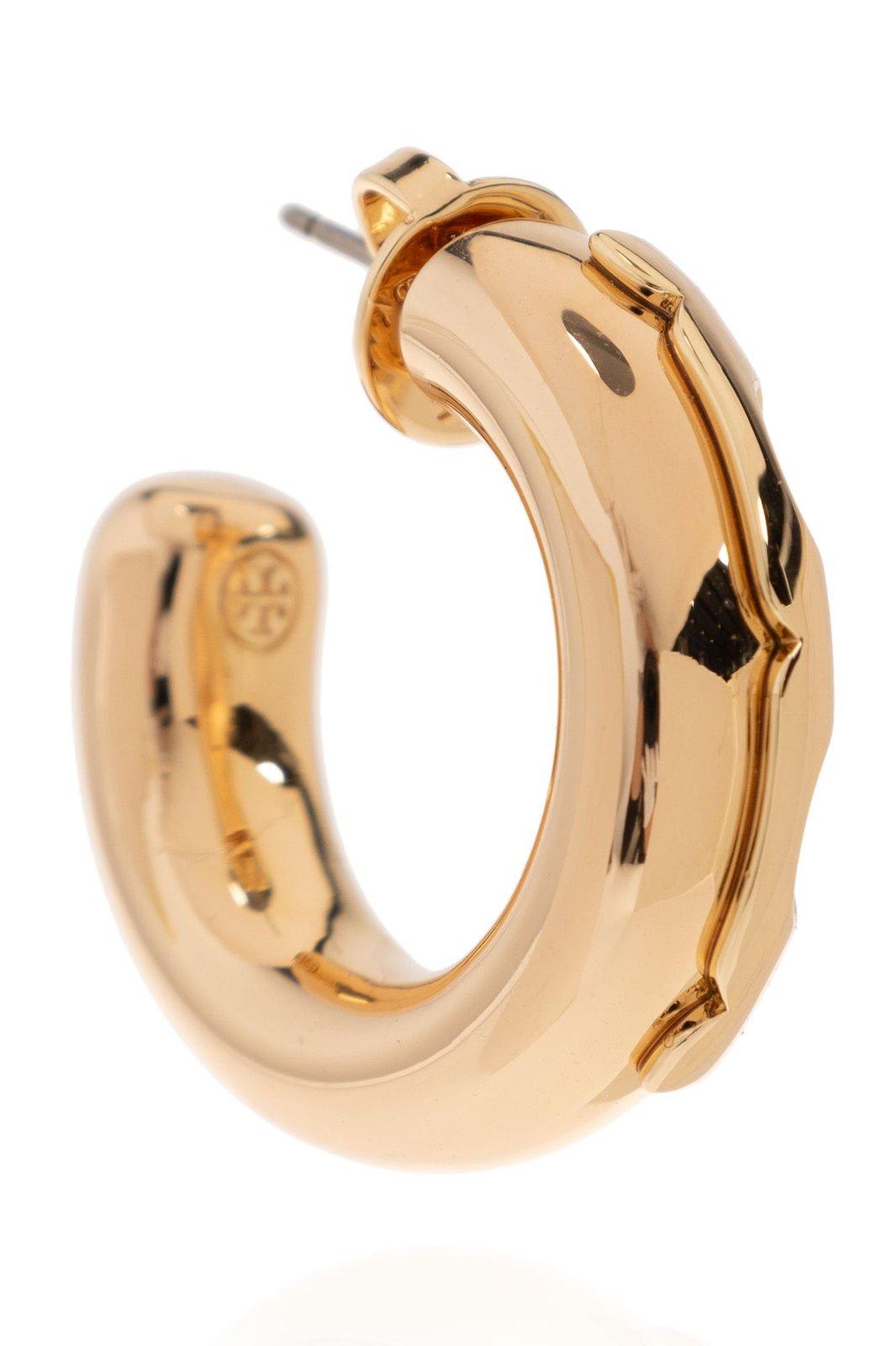 Shop Tory Burch Logo Plaque Hoop Earrings In Gold