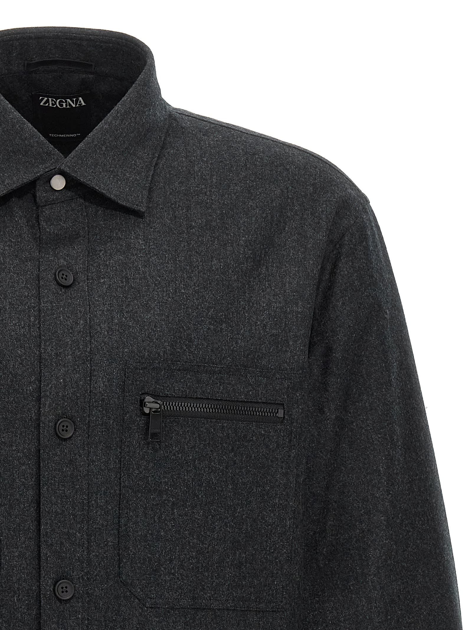 Shop Zegna Merino Tech Overshirt In Gray