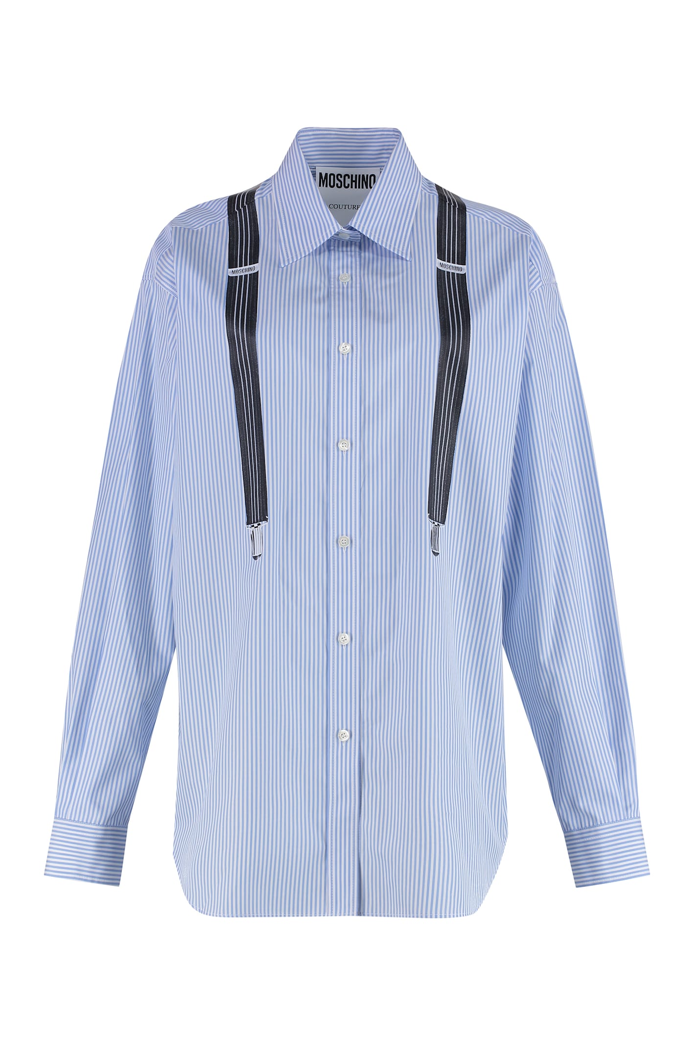 Moschino Couture Light Blue Cotton Striped Shirt With Decorative Straps In Light Blue