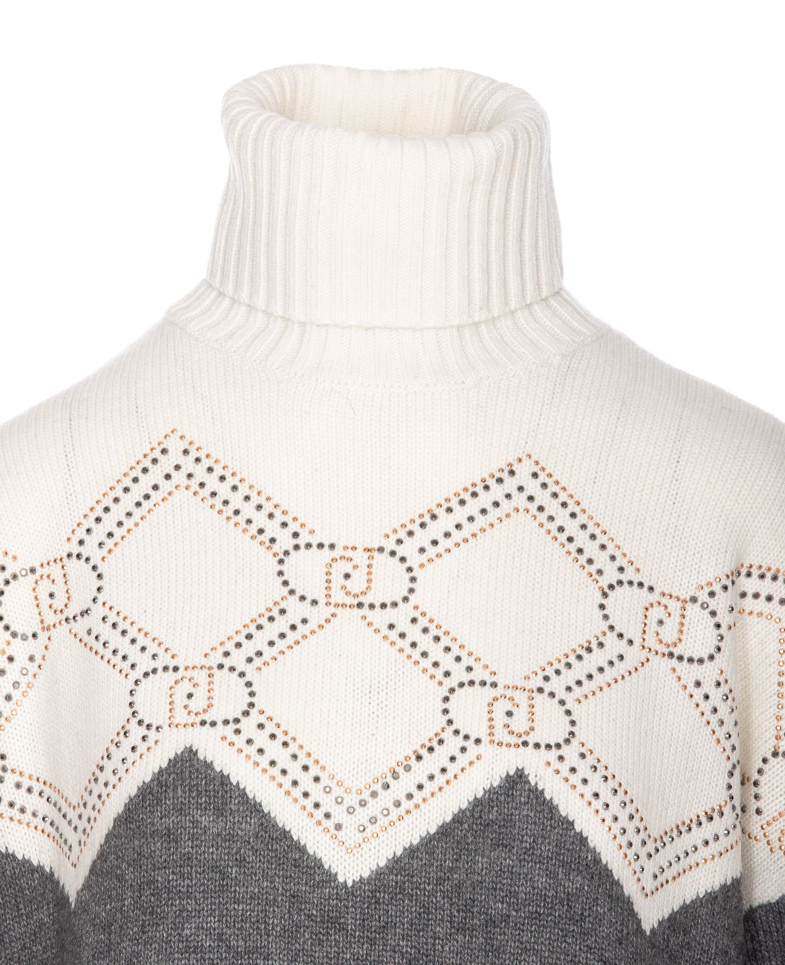 Shop Liu •jo Blend Wool Sweater With Rhinestones In Grigio E Bianco