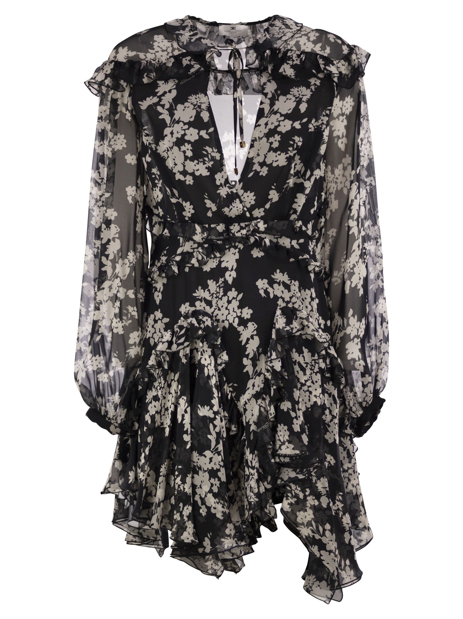 Elisabetta Franchi Printed Silk Voile Dress With Ruffles In Black
