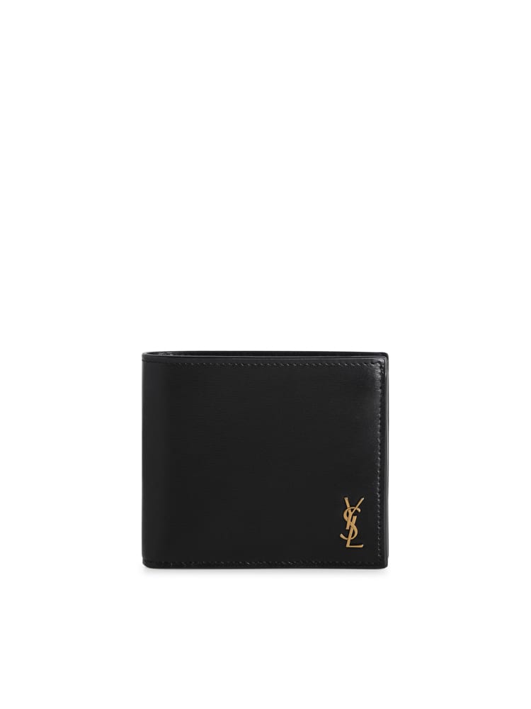 Shop Saint Laurent Compact Leather Wallet With Interlocking Ysl Logo In Black