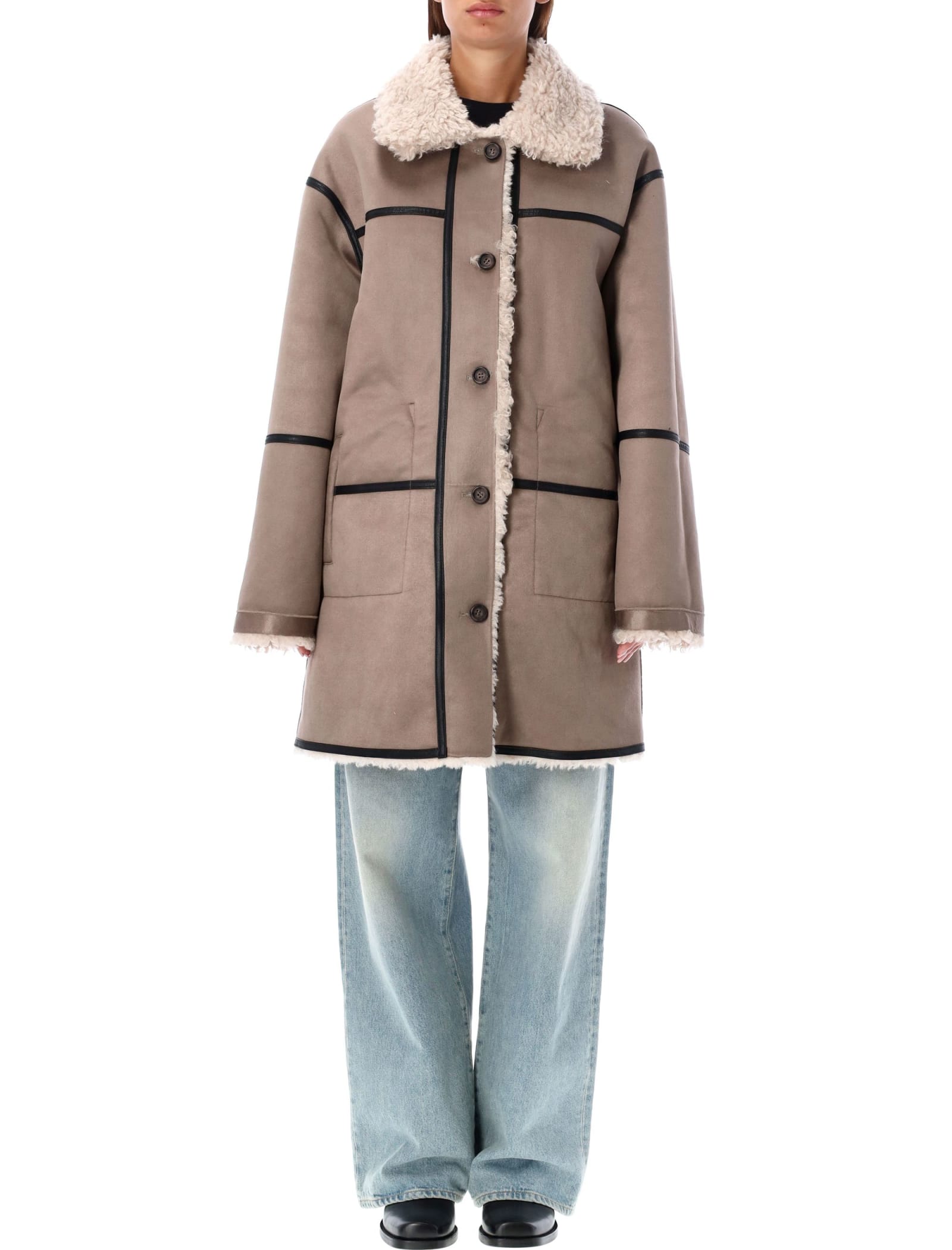 Shop Urbancode Reversible Medium Shearling Peacot In Taupe