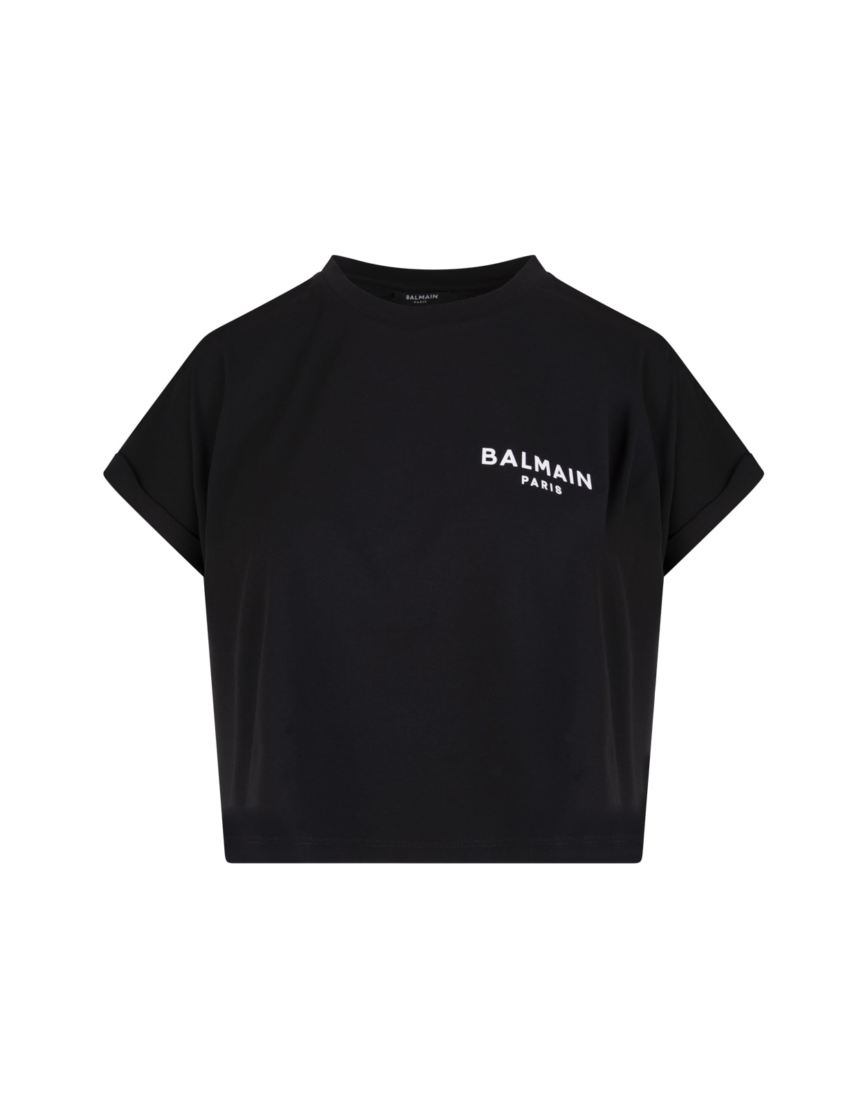 Balmain Woman Short Black T-shirt With Small Contrast Flocked Logo