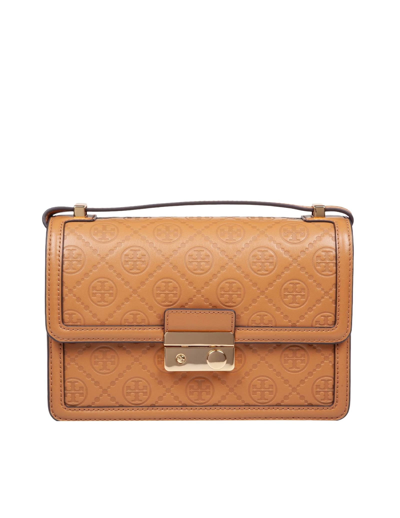 Shop Tory Burch Shoulder Bag In Monogram Leather Color Leather In Tan